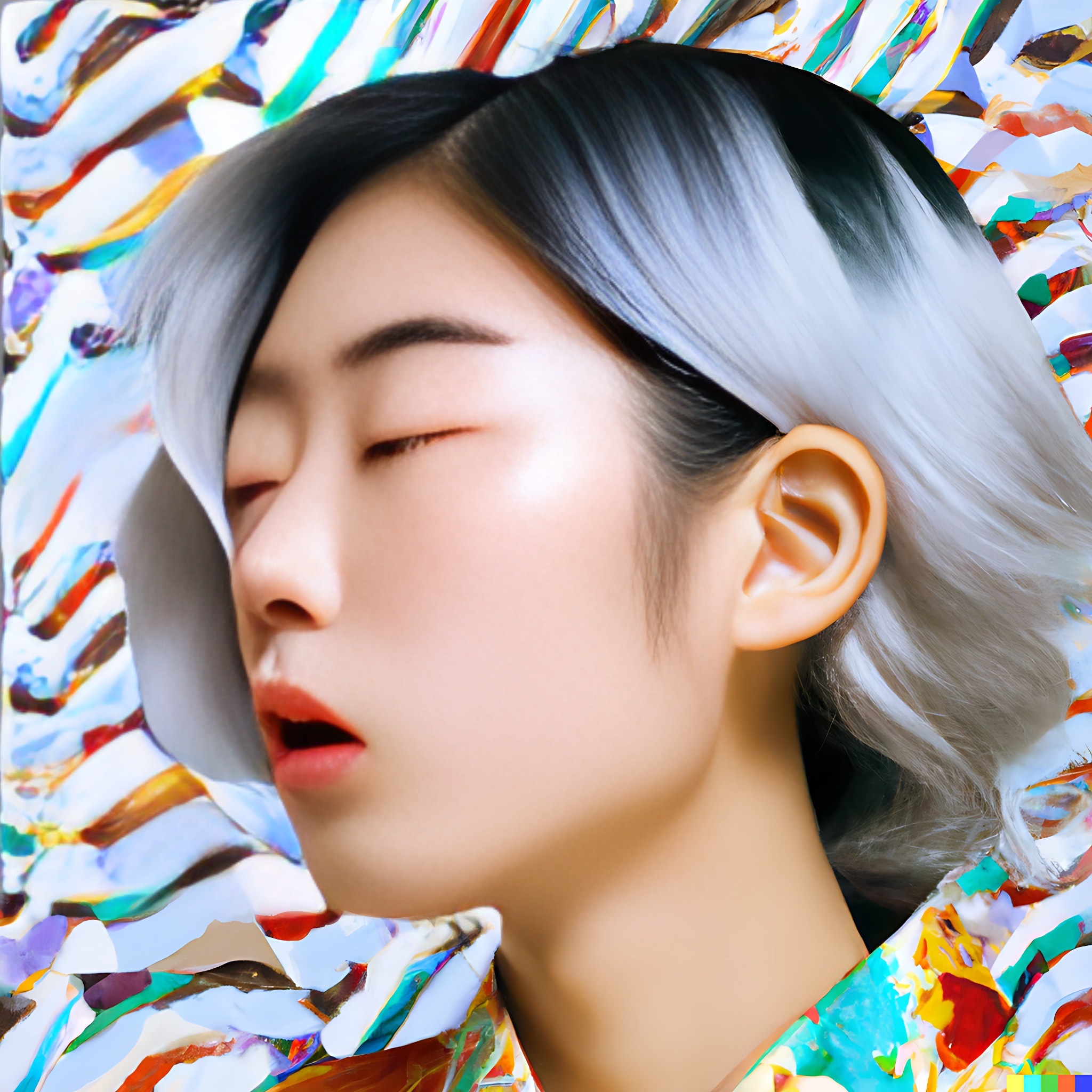 Close-up of a young woman with pale skin and short, gray hair, partially obscured by an abstract, colorful background.