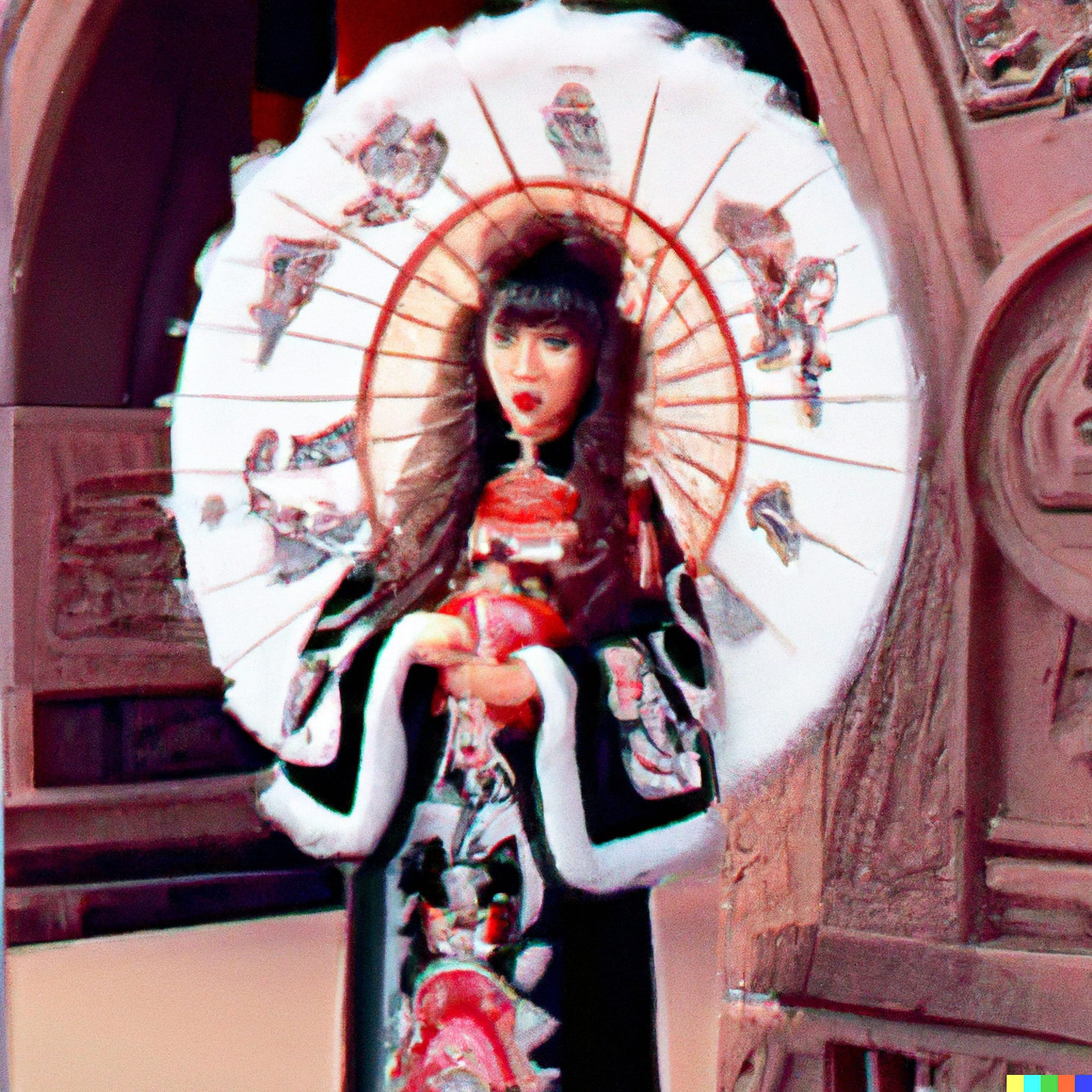 Woman in traditional Chinese clothing and large white parasol.