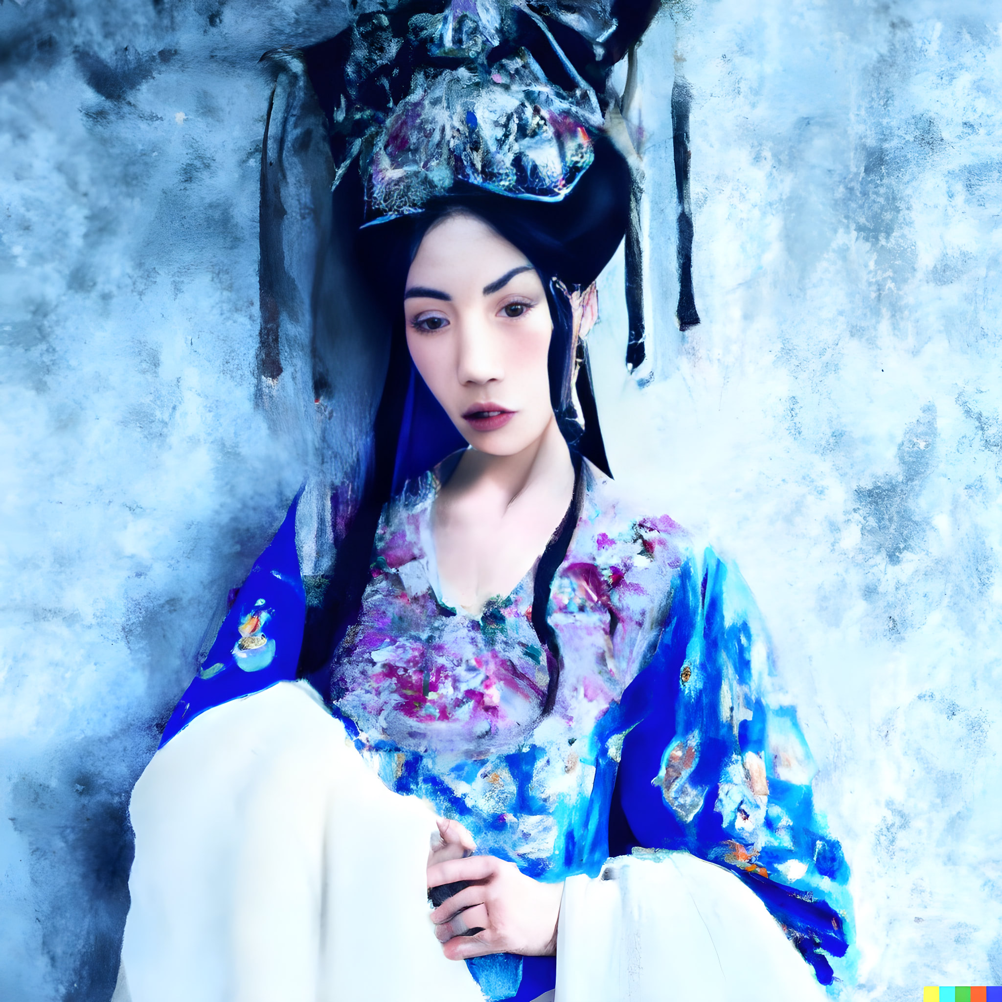Woman in ornate blue Chinese-style clothing and headdress against a blue and white textured background.