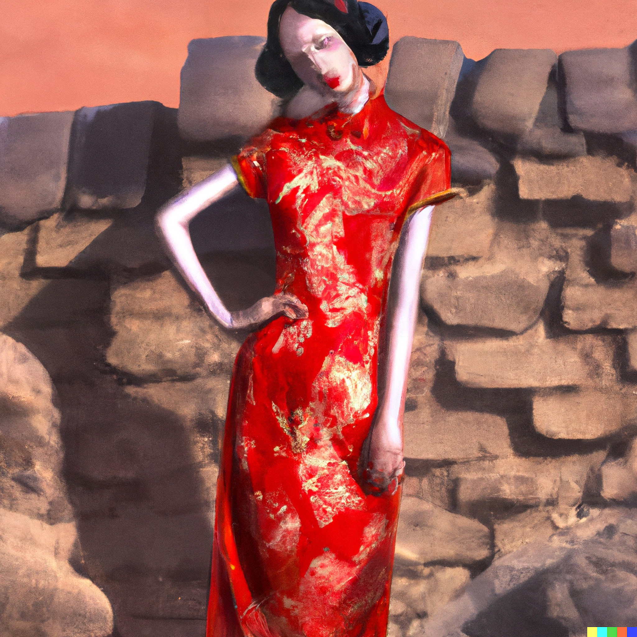 Woman in a red Chinese dress standing in front of a stone wall.