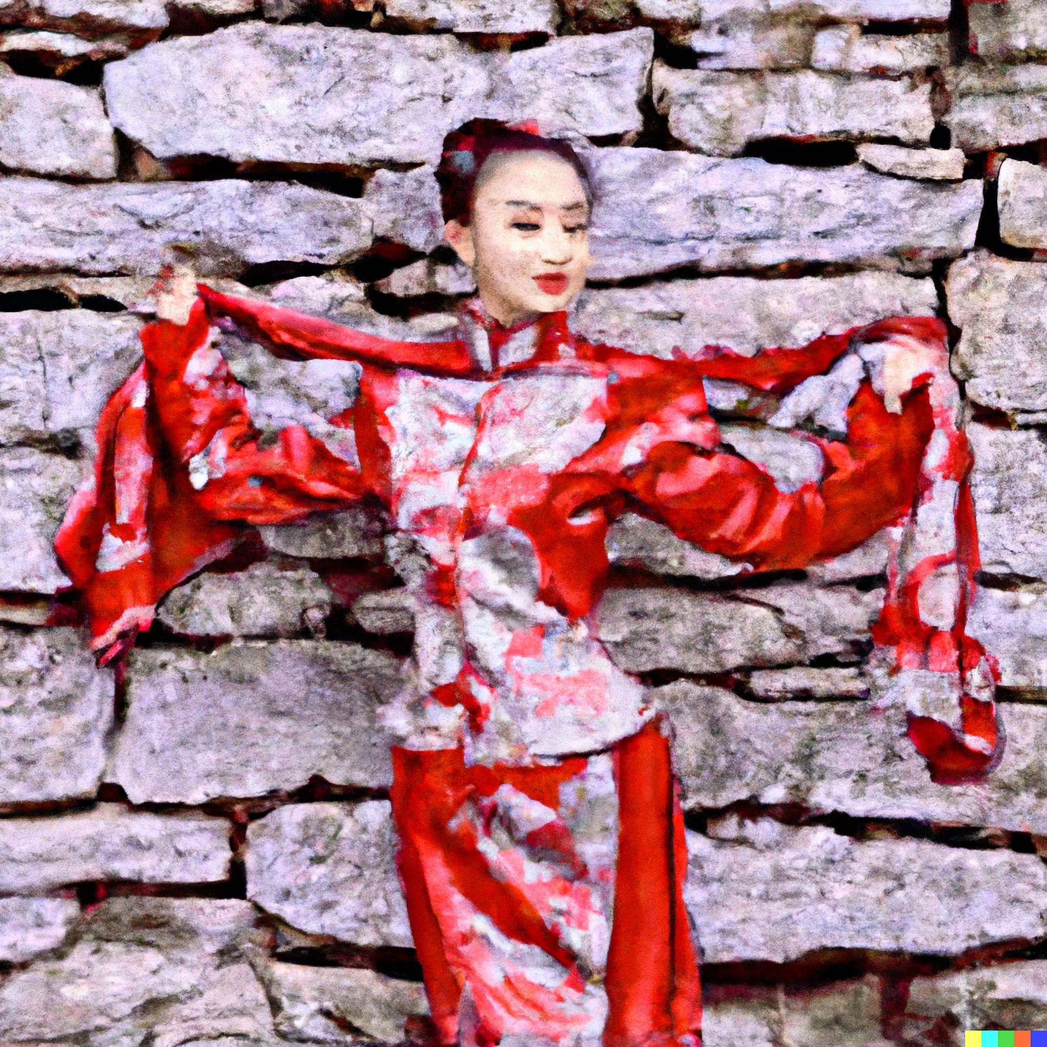 Woman in red traditional Chinese clothing against a stone wall.