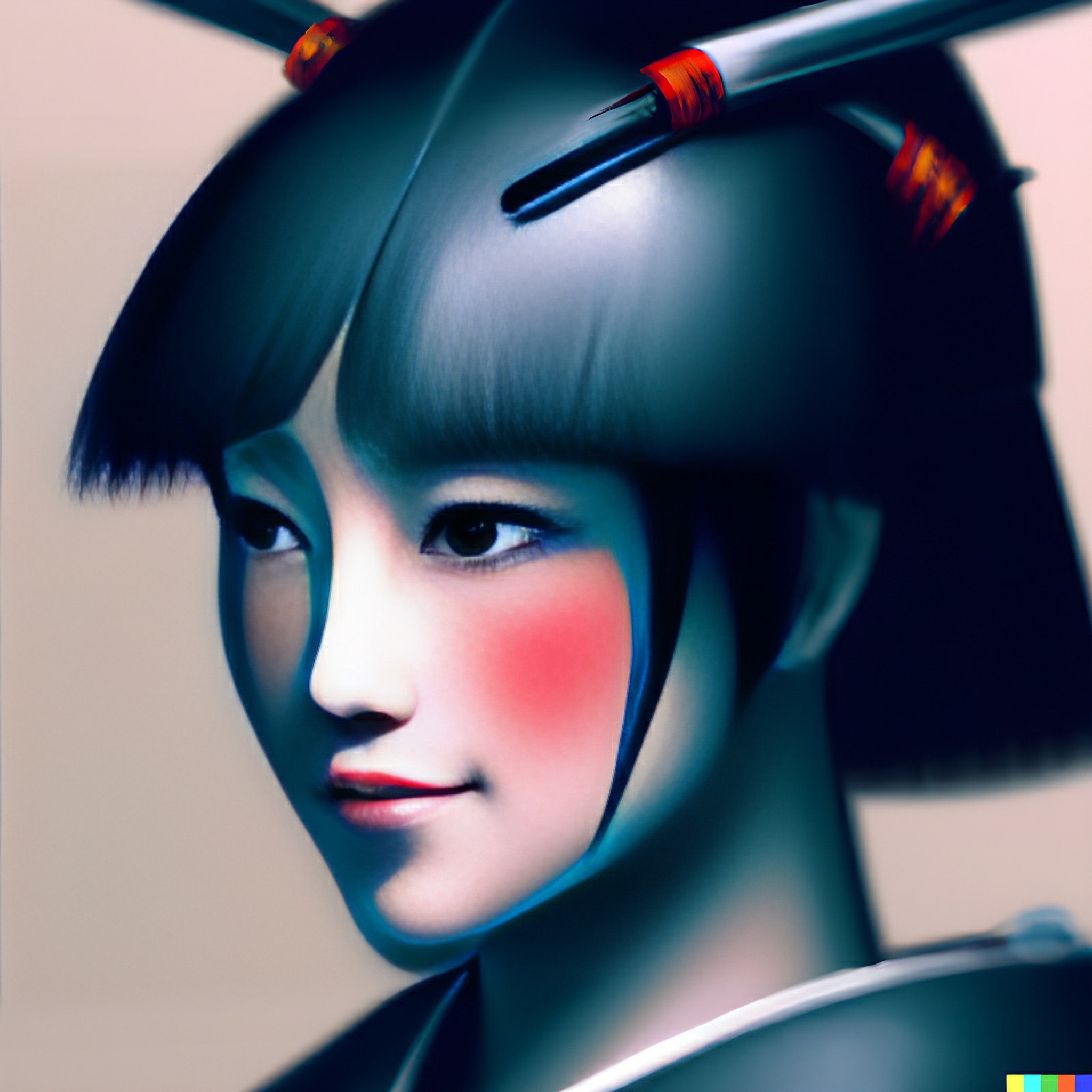Portrait of a female samurai with red accents on her hair ornament.