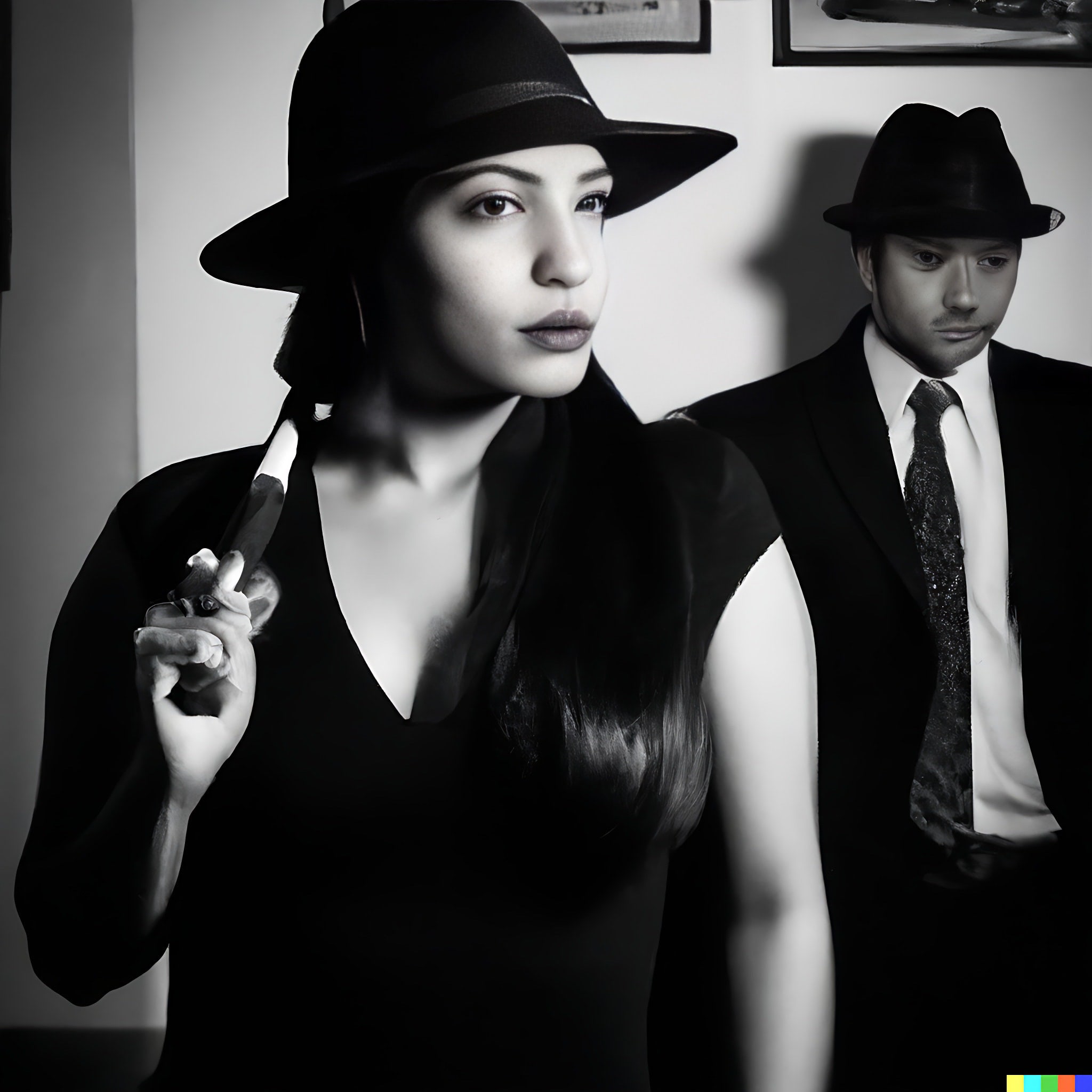 Black and white photo of a woman in a fedora holding a gun, standing next to a man in a suit and fedora.
