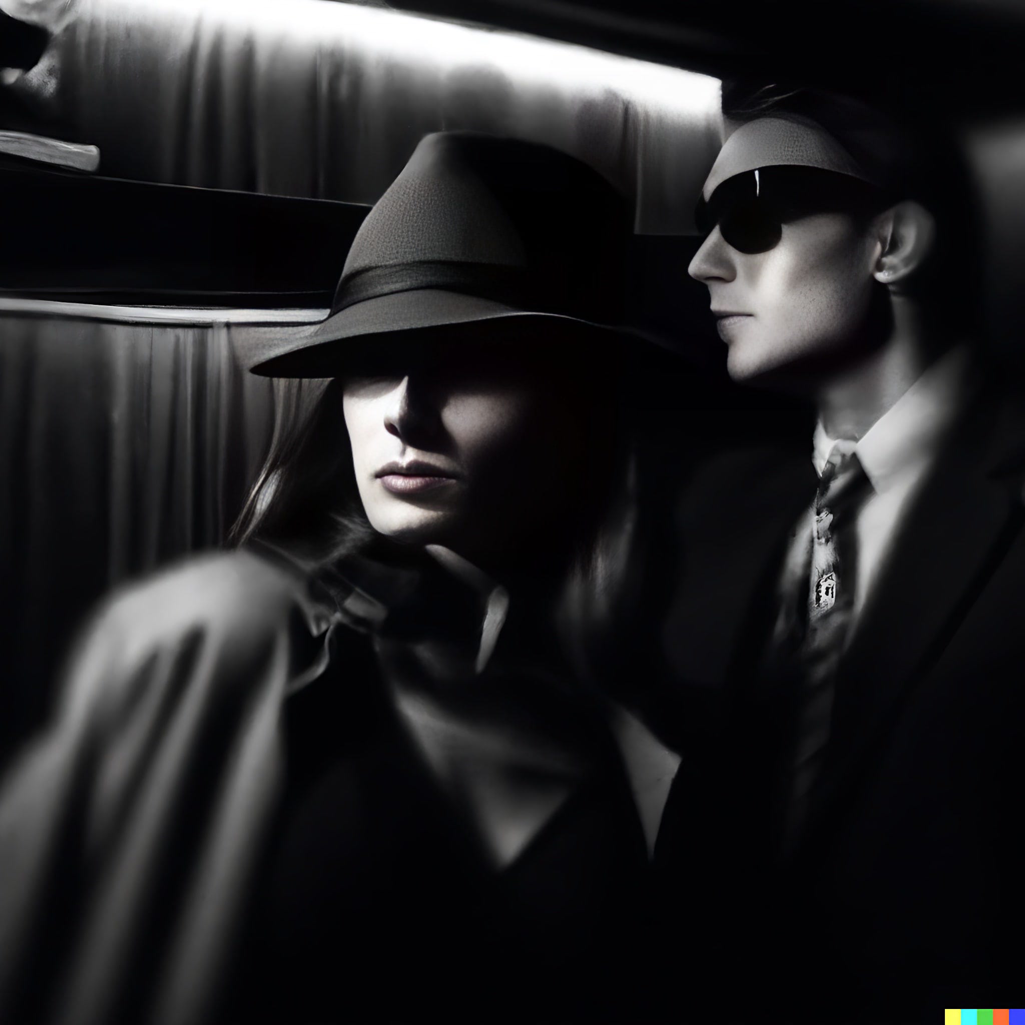 Black and white image of a woman in a fedora and a man in sunglasses sitting close together in a dark car.