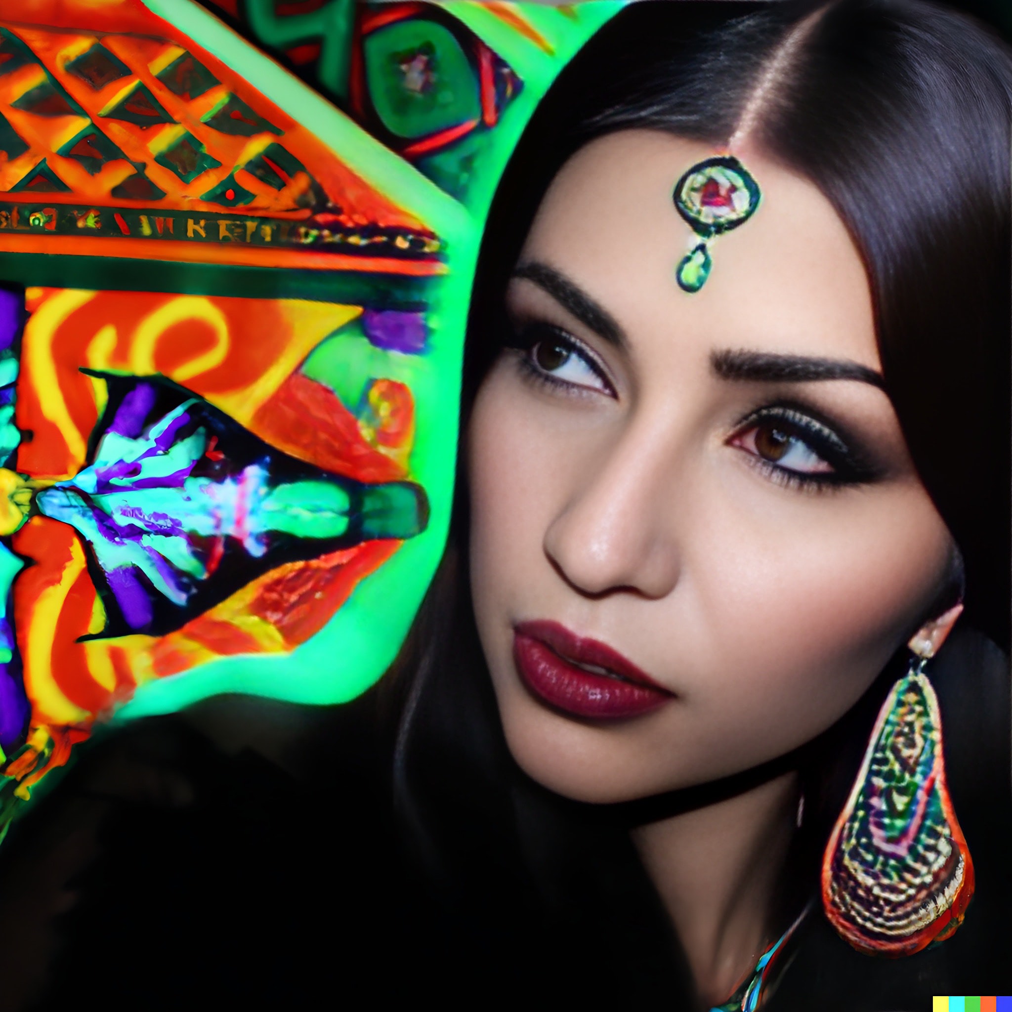 Woman with dark hair and dramatic makeup, wearing ornate earrings and a bindi, partially obscured by a vibrant, abstract background.