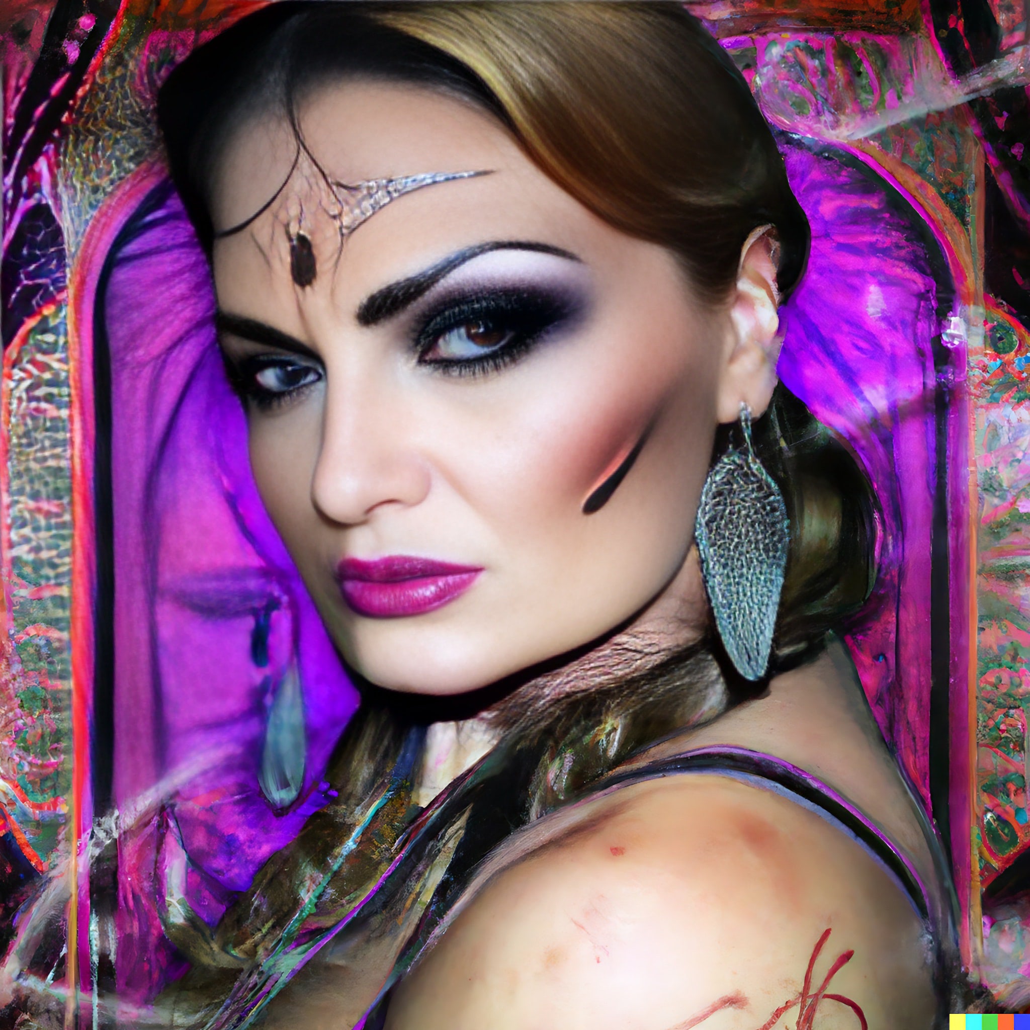 Close-up portrait of a woman with dramatic makeup and a jeweled headpiece, styled in a neo-film noir aesthetic.
