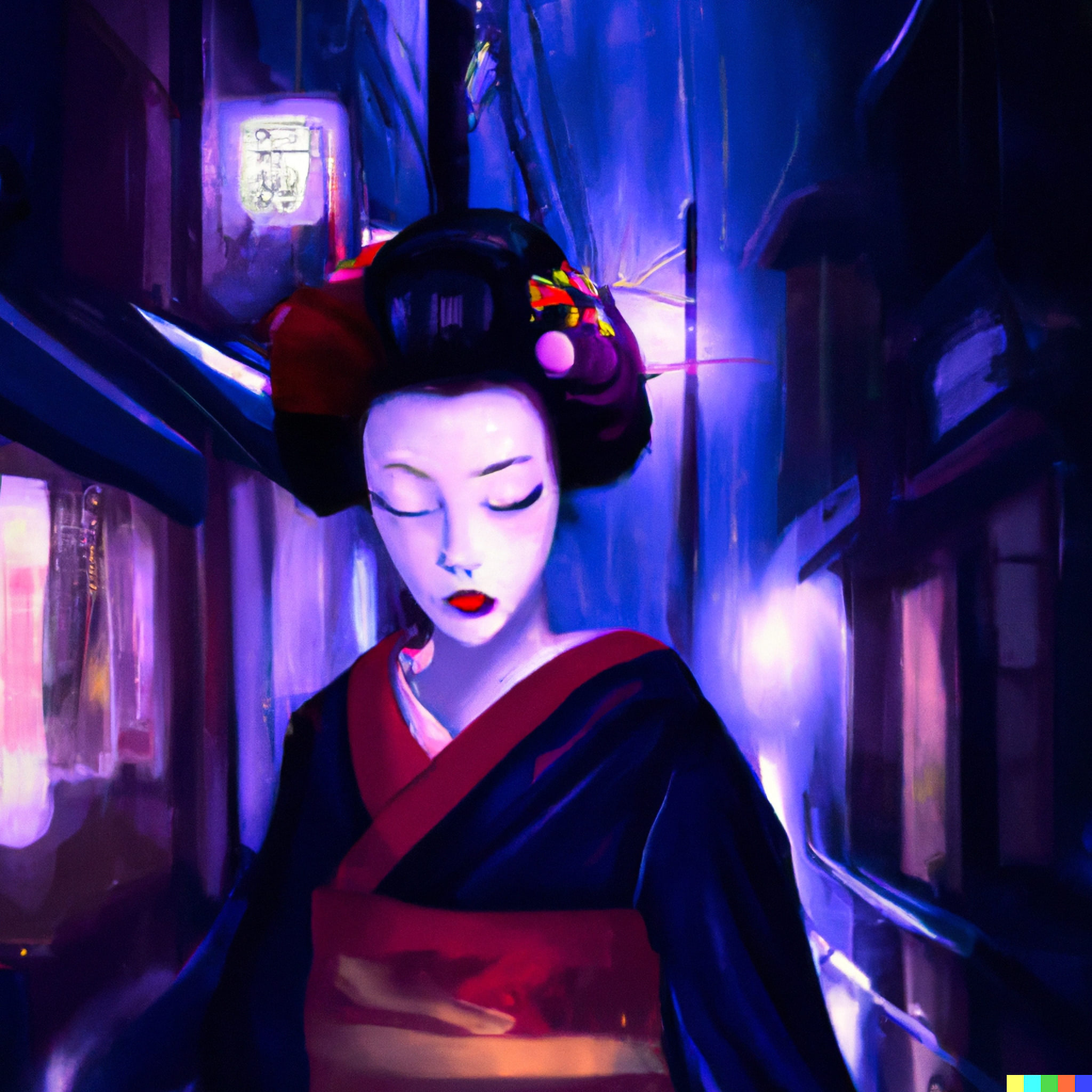 Geisha in kimono illuminated by neon lights in an alleyway.