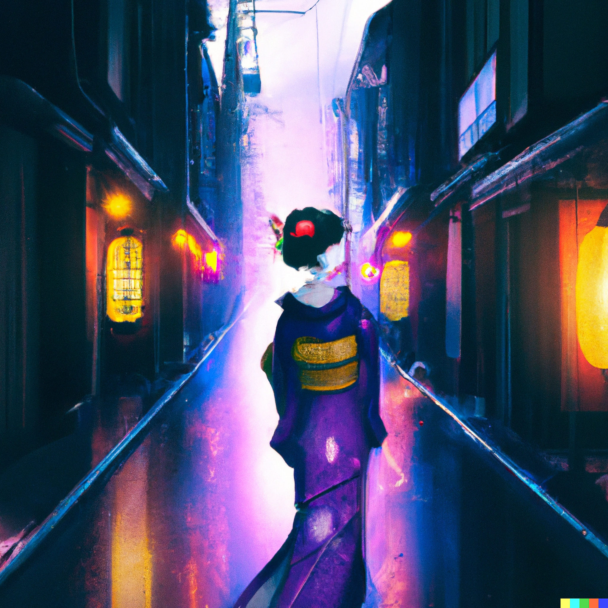 Geisha walking away down neon-lit alley.