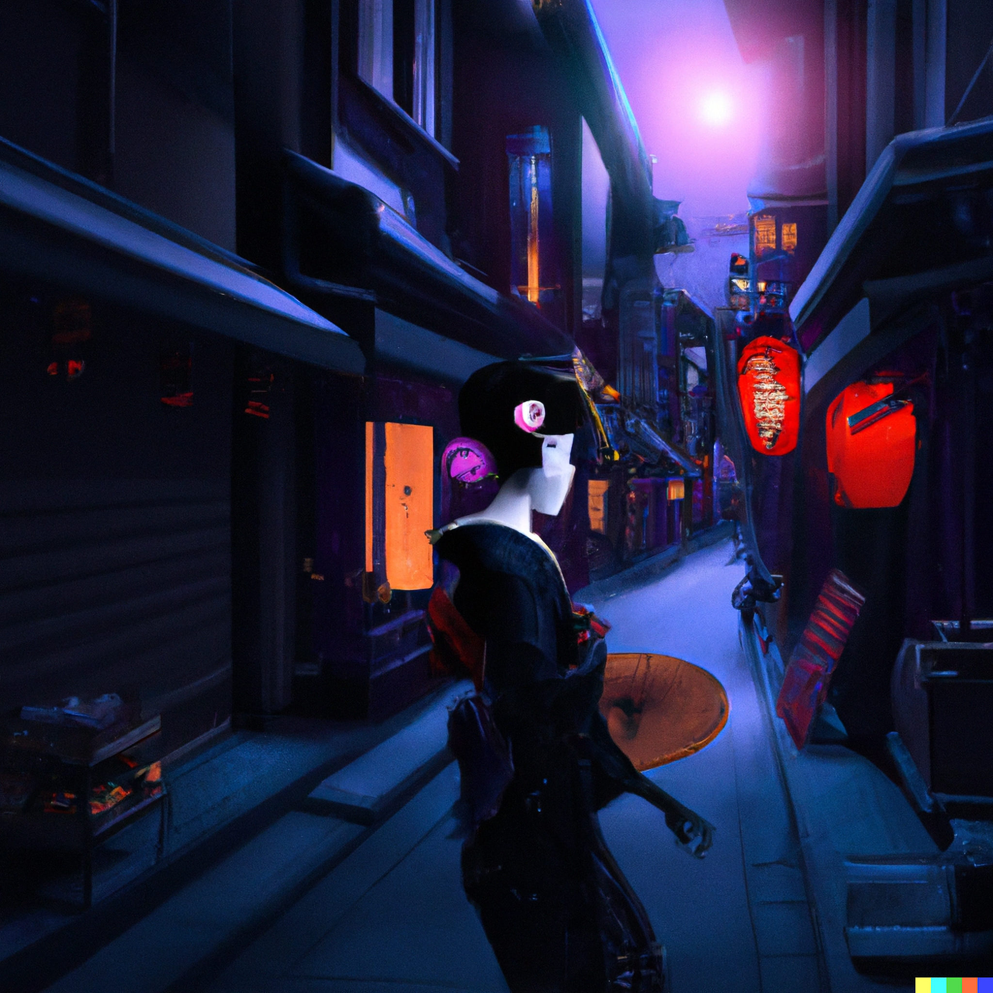 Geisha walking down a neon-lit alley at night.