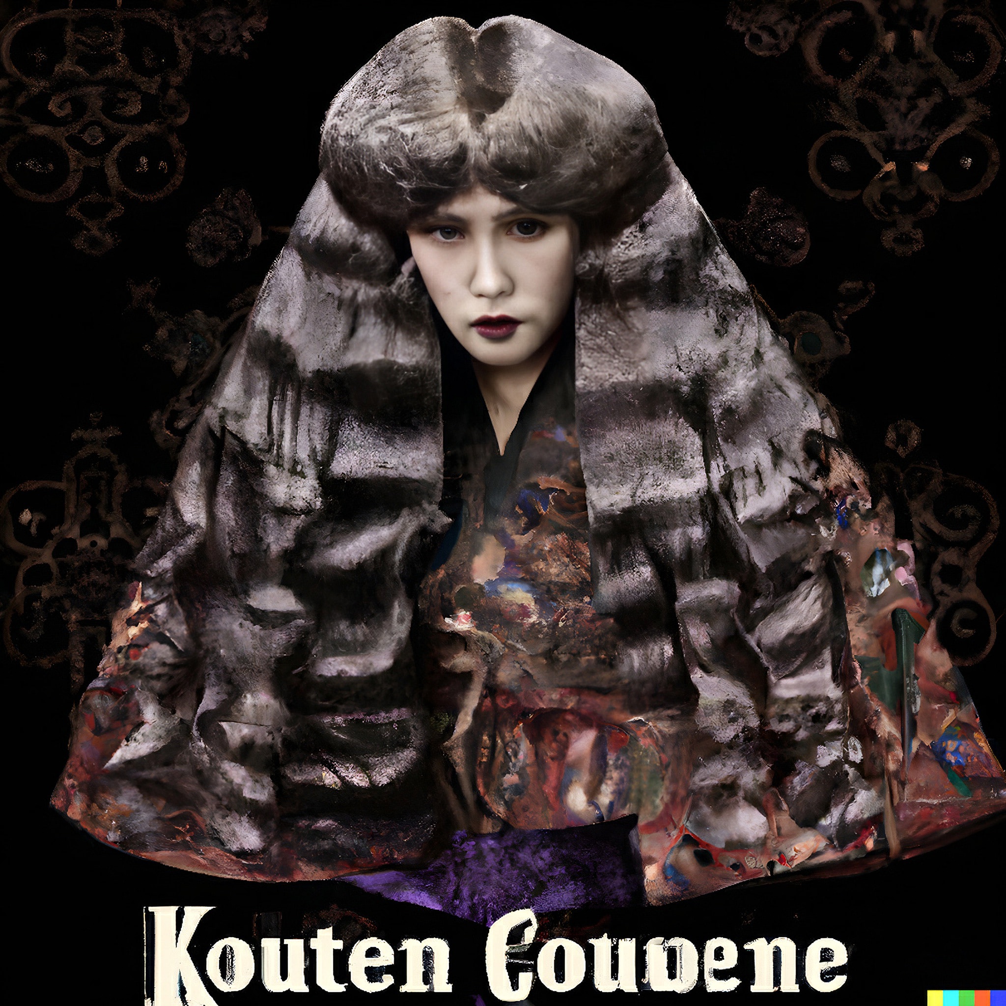 1970s style poster of a woman with large, voluminous hair and an abstract, paint-splattered garment, text reads 'Kouten Couwene'