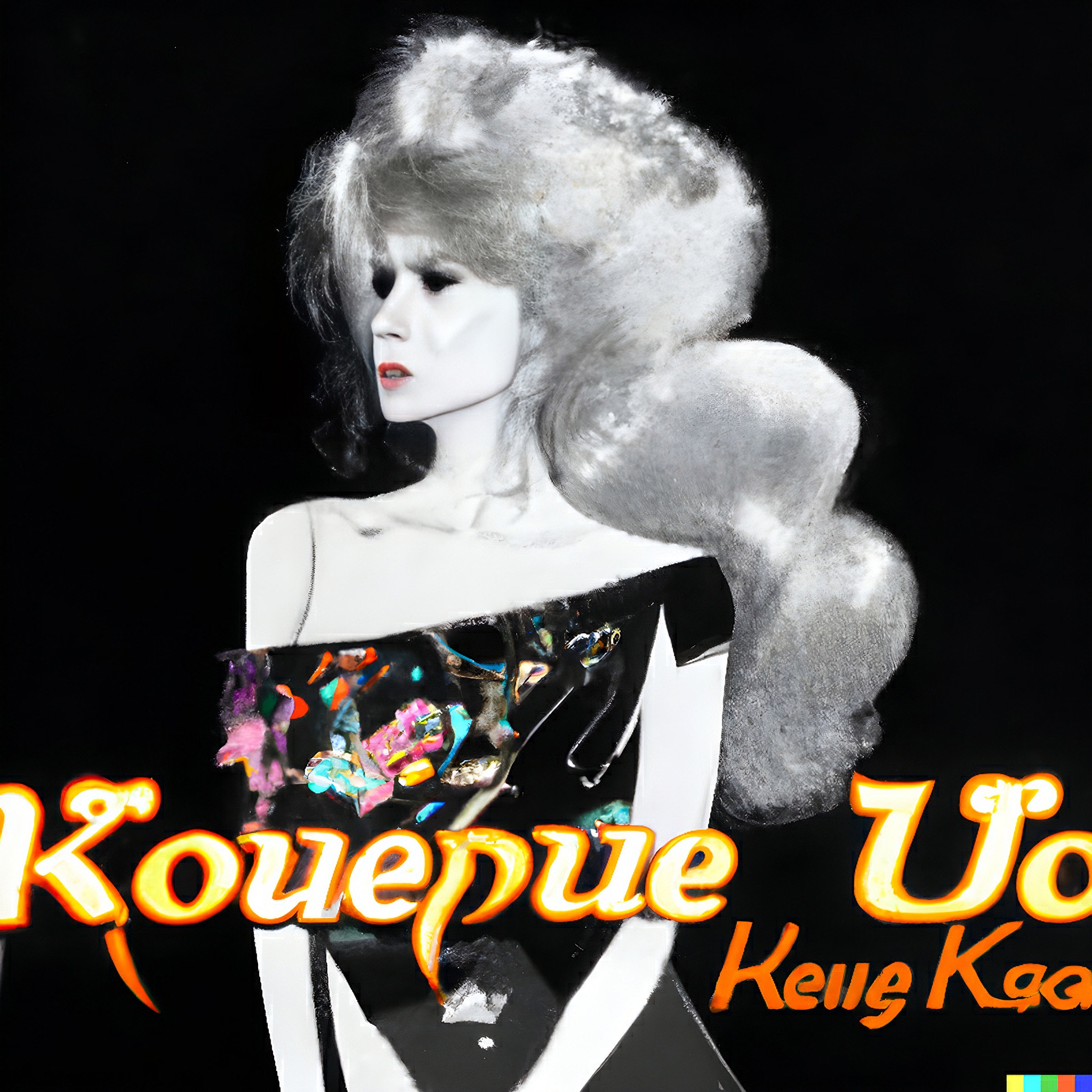 1970s style poster of a pale woman with large, voluminous hair wearing a colorful, off-the-shoulder dress.