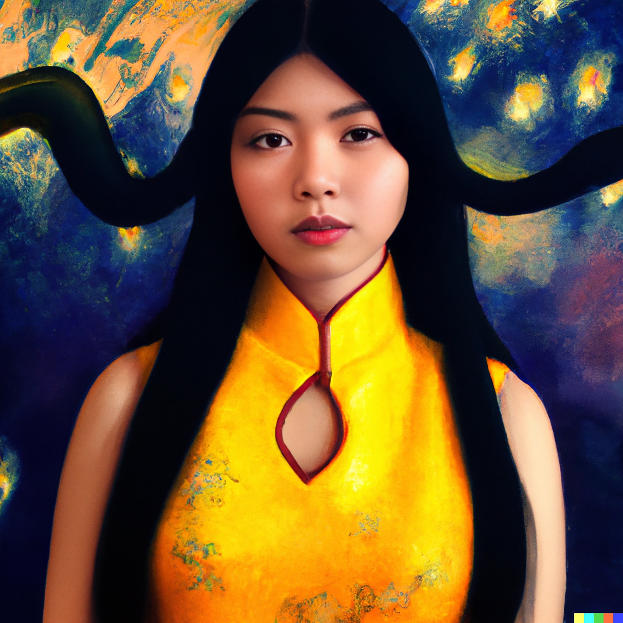 Headshot of a young Chinese woman with long black hair, wearing a traditional yellow dress against an abstract background.