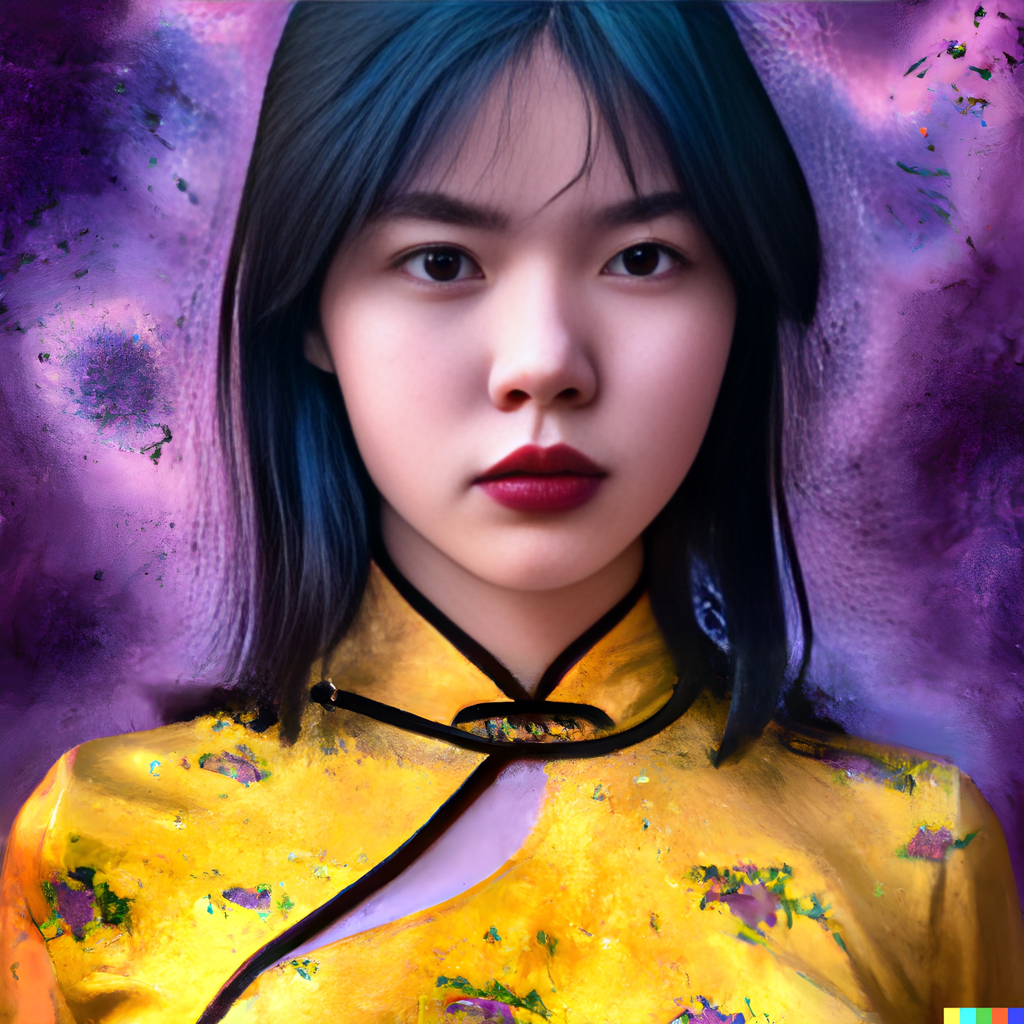 Headshot of a young Chinese woman with dark hair, wearing a traditional yellow patterned dress against a purple background.