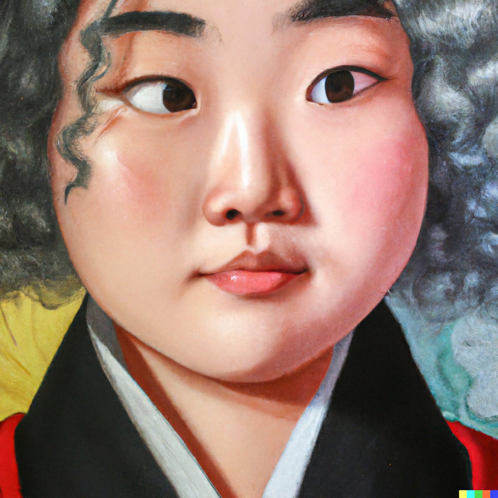 Close-up portrait of a young Korean woman with curly hair, wearing a dark jacket.
