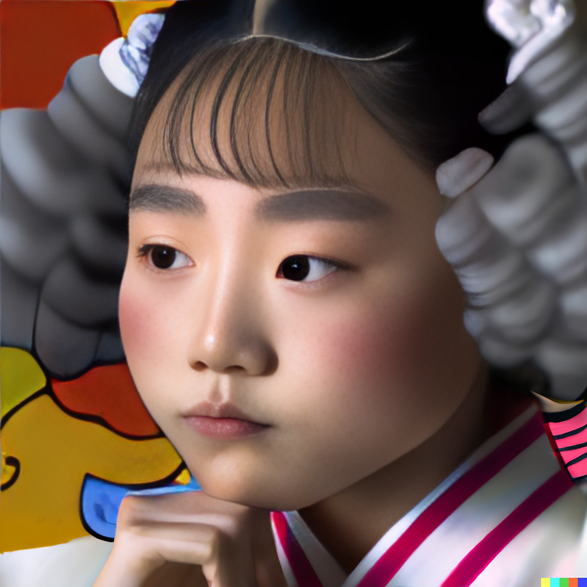 Headshot of a young Korean girl with bangs, rosy cheeks, and a thoughtful expression, wearing a traditional-style collar.