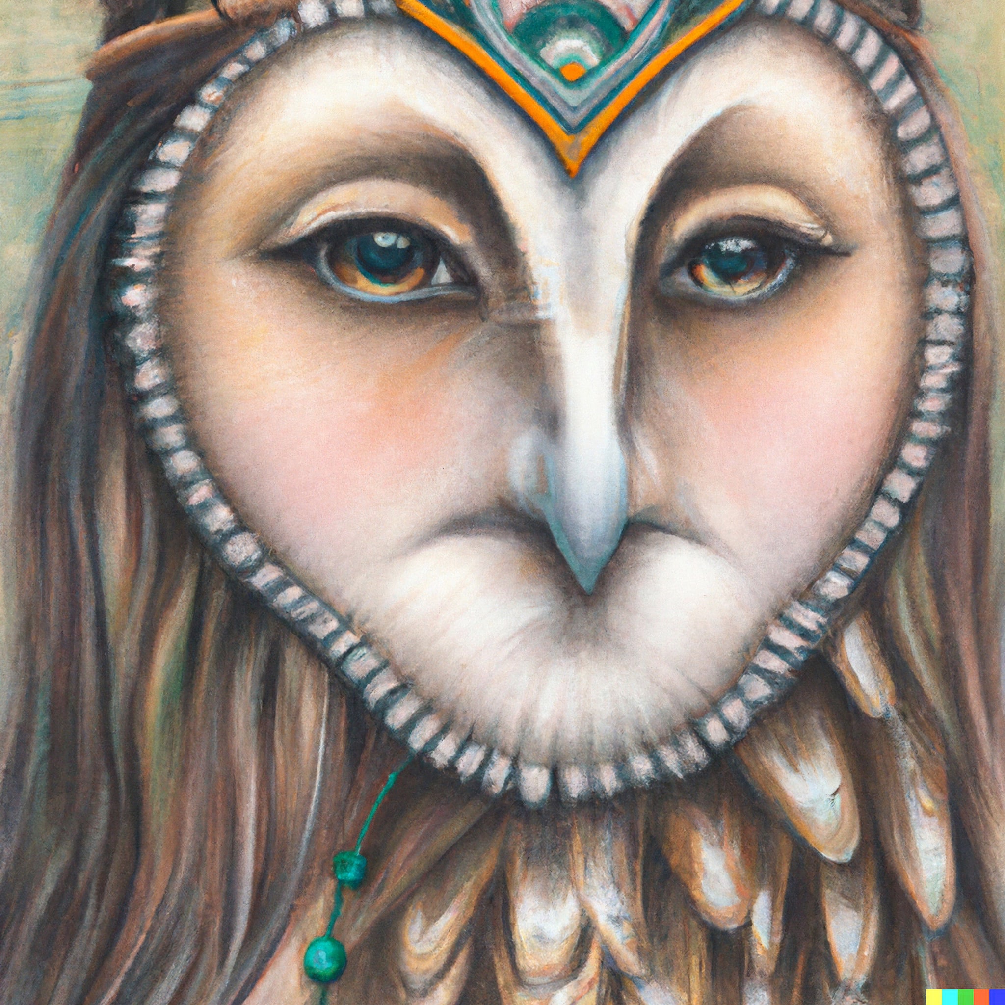 Close-up painting of an owl shaman's face.