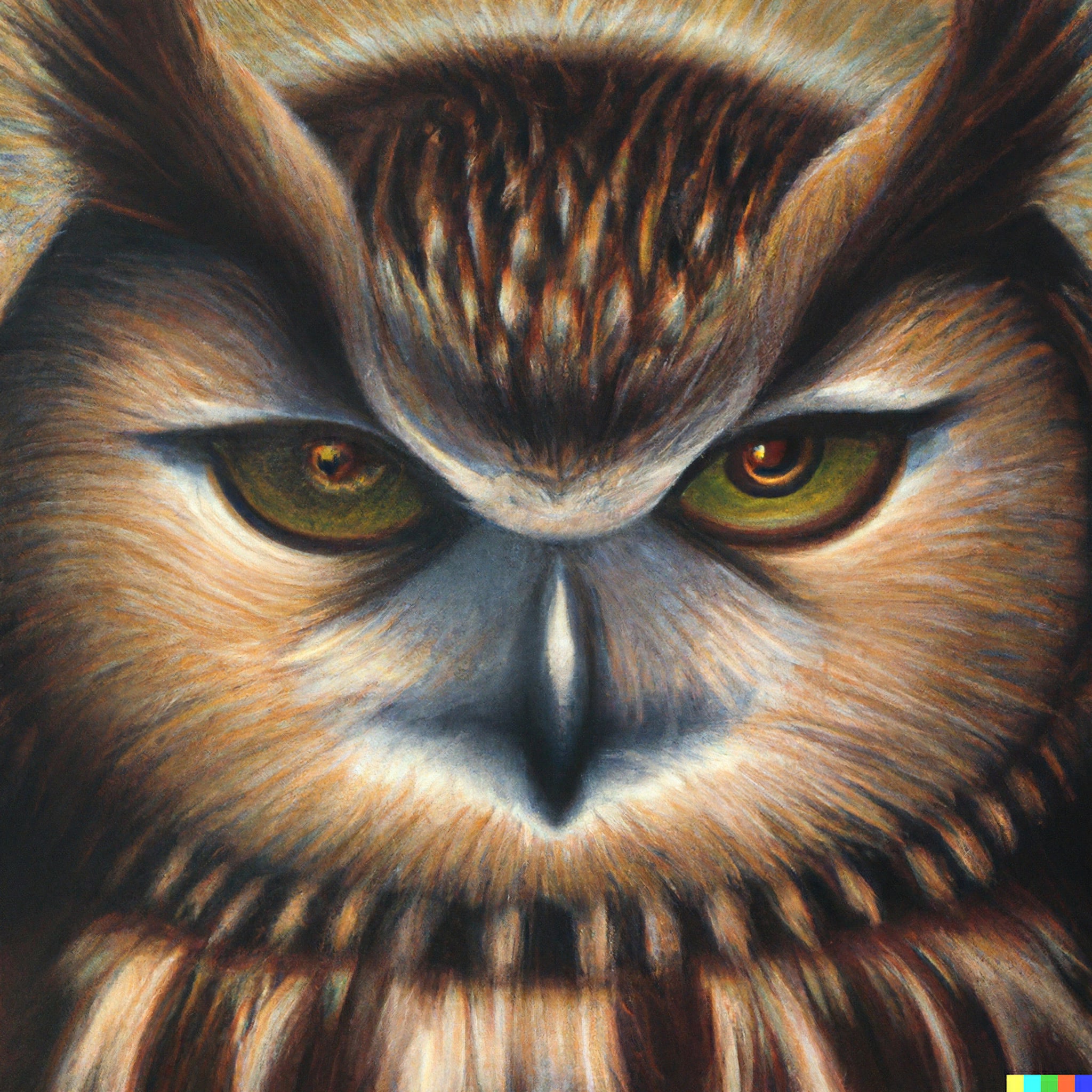 Close-up painting of an owl's face, showing intense eyes.