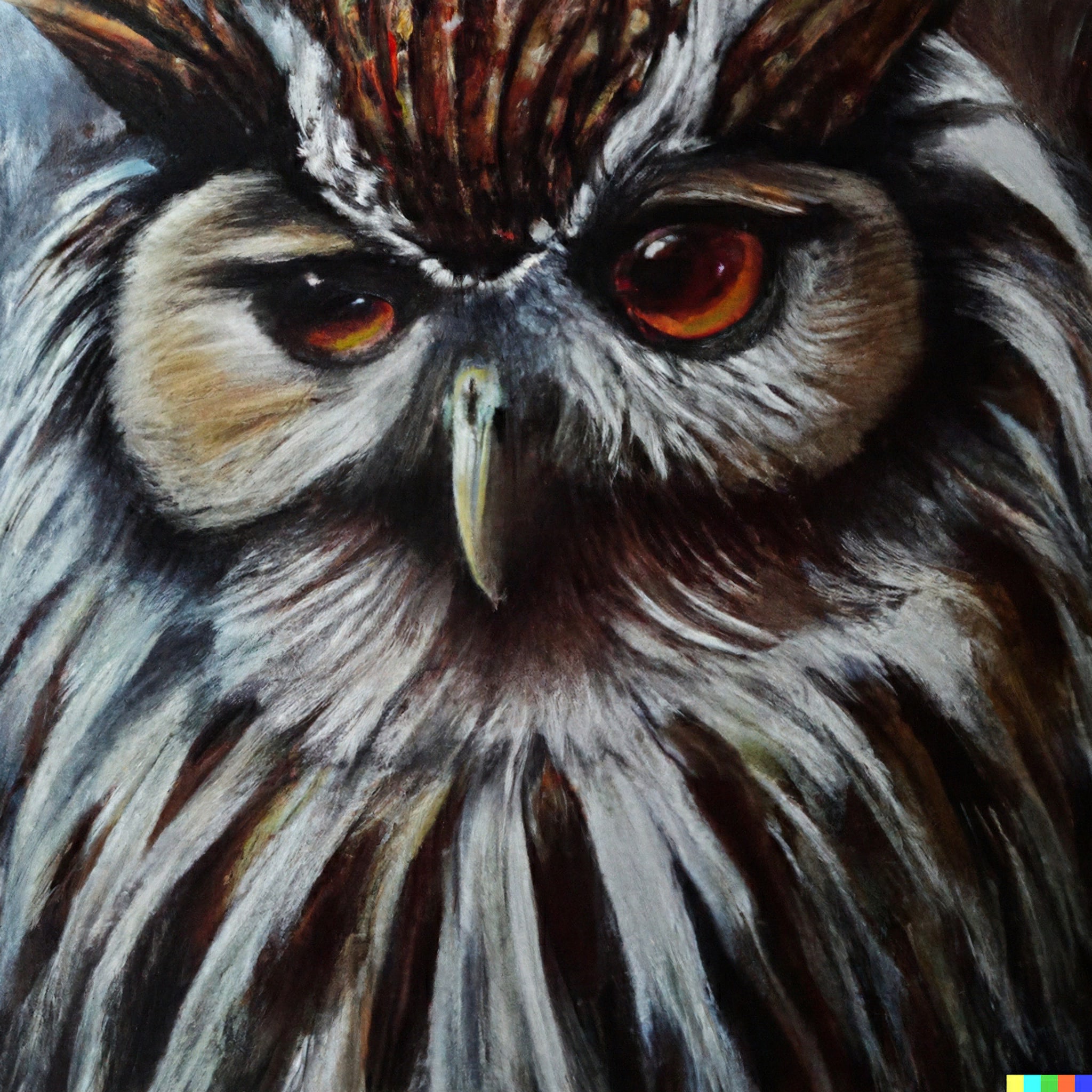 Close-up painting of an owl with intense orange eyes.