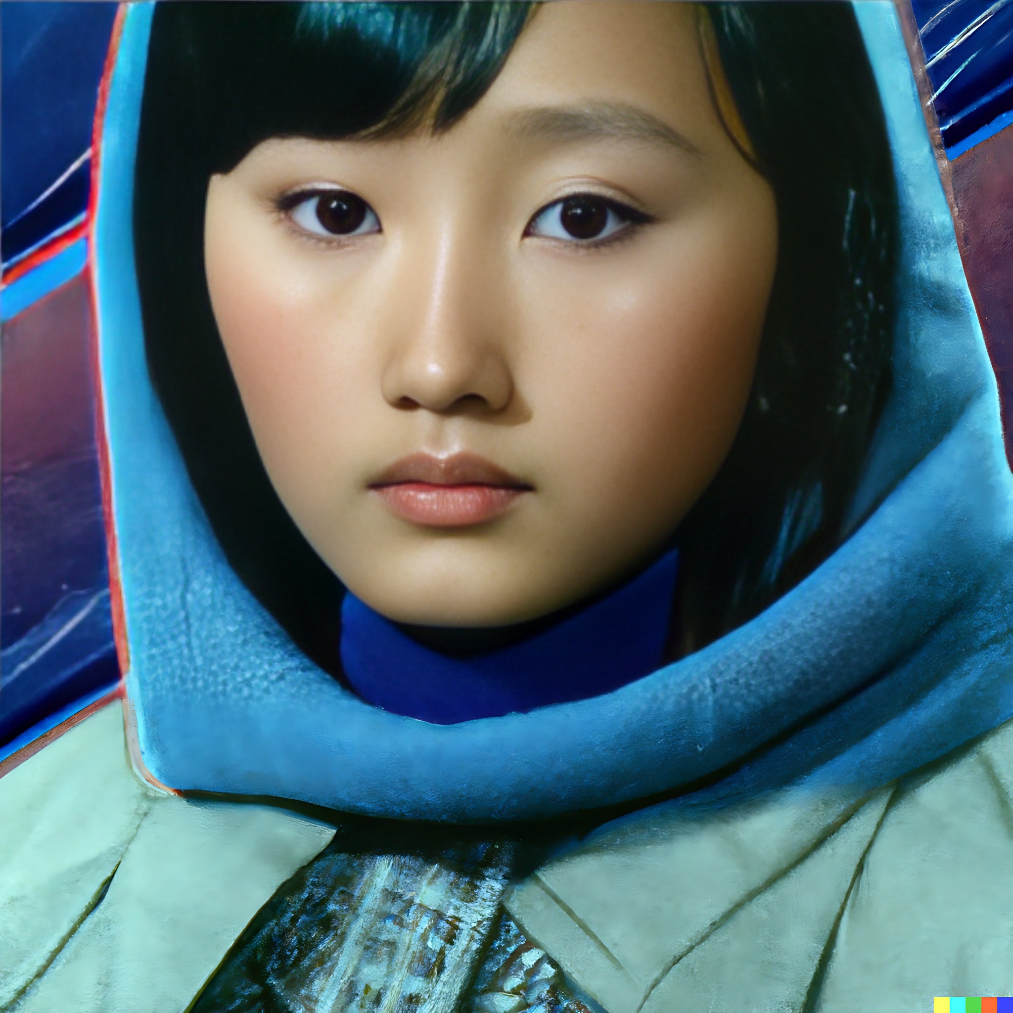 Headshot of a young Inuit girl wearing a teal hooded jacket.