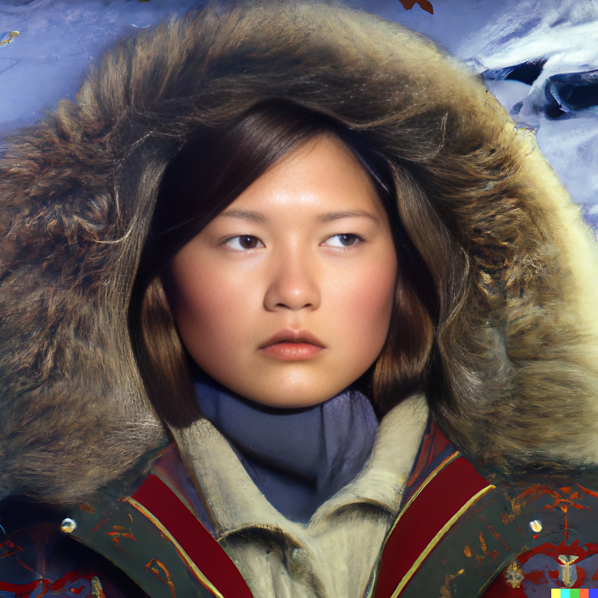 Headshot of a young Inuit girl wearing a fur-trimmed parka.