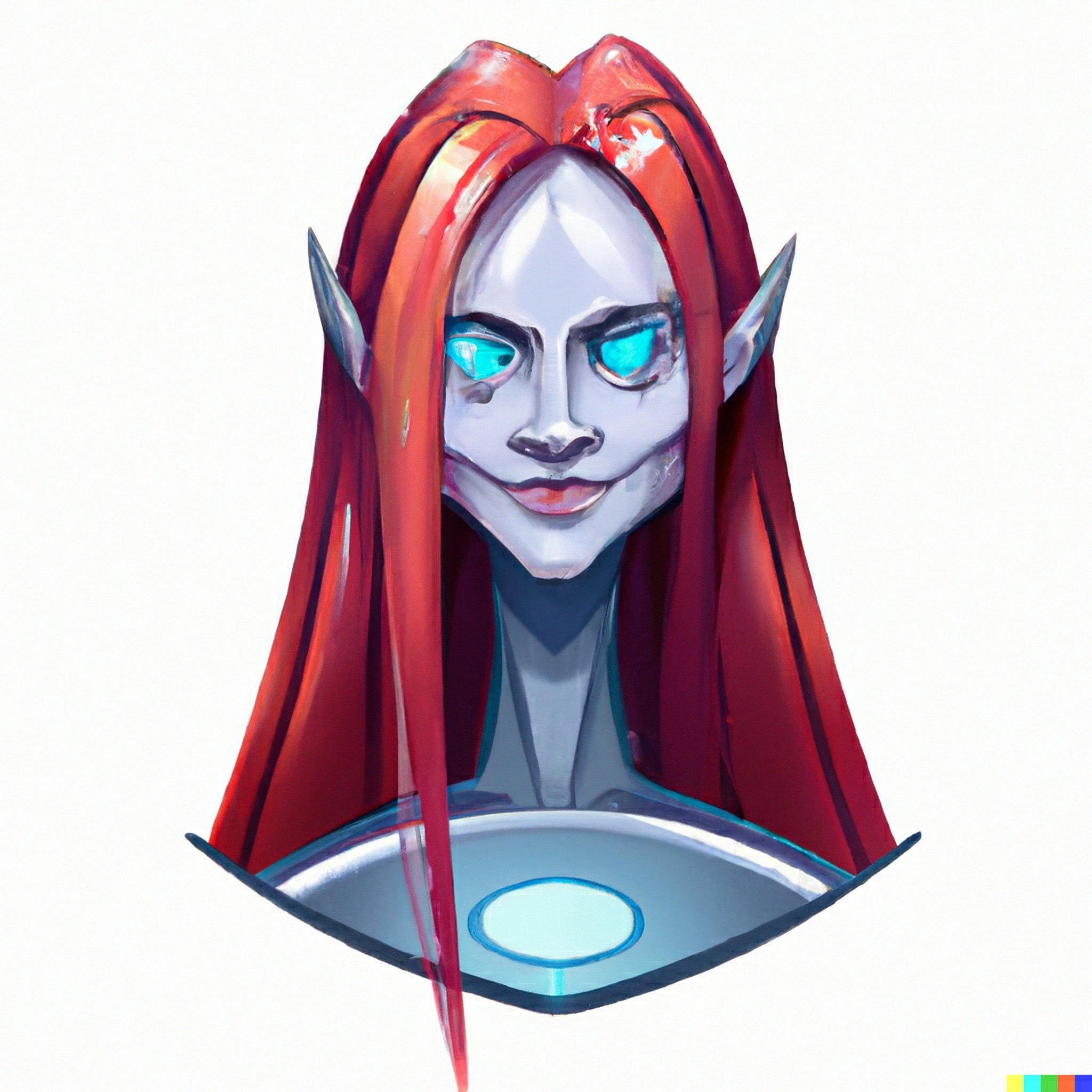 Headshot of a robot with long red hair and glowing cyan eyes.