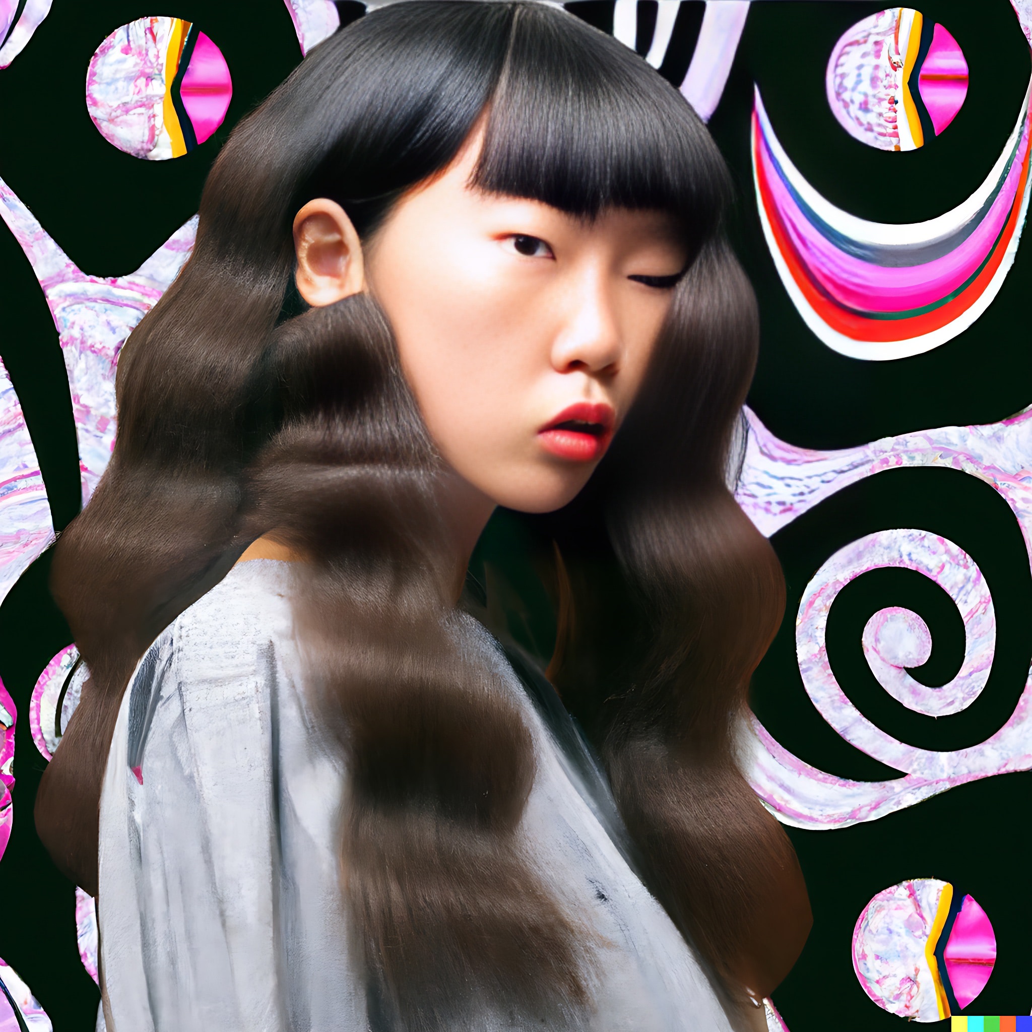 Asian model with long dark hair wearing light gray Hanbok against an abstract background.
