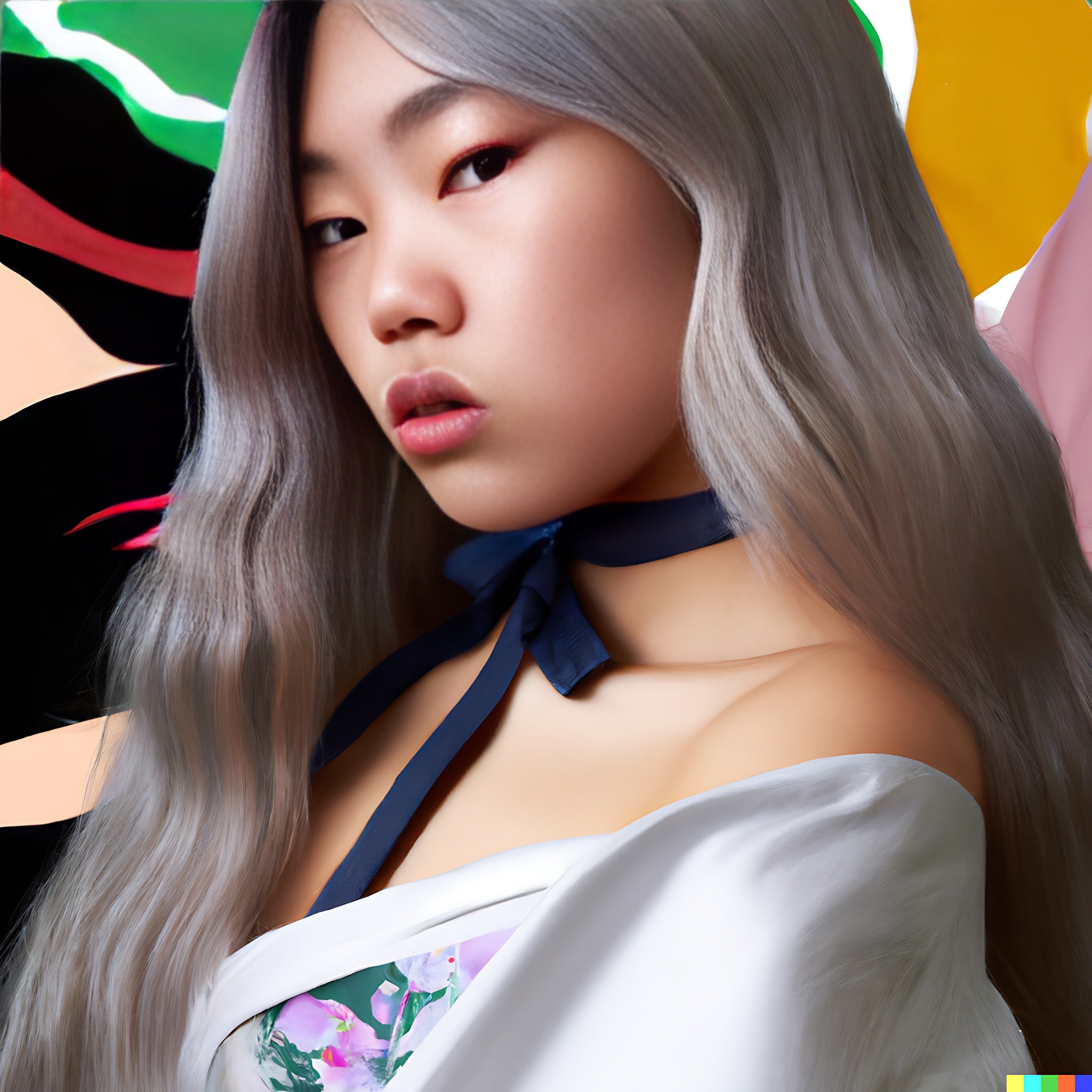 Close-up portrait of a young Asian woman with long silver hair, wearing a white off-the-shoulder top and a dark blue ribbon around her neck.