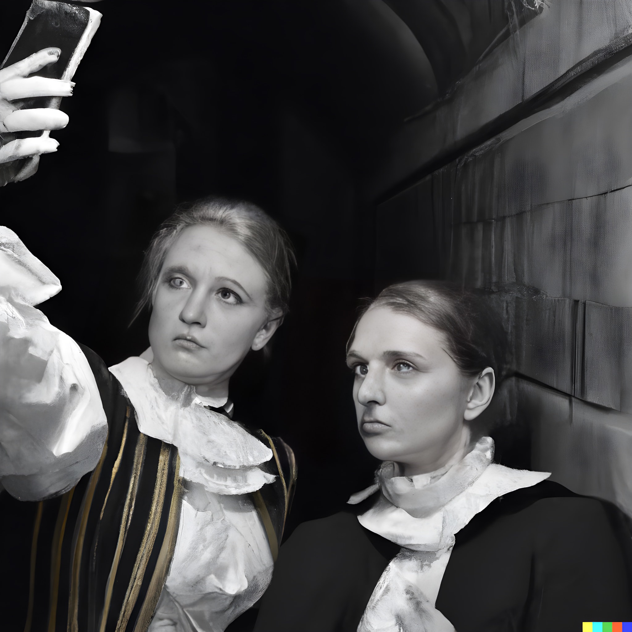 Black and white photo of two women in period costume taking a selfie.