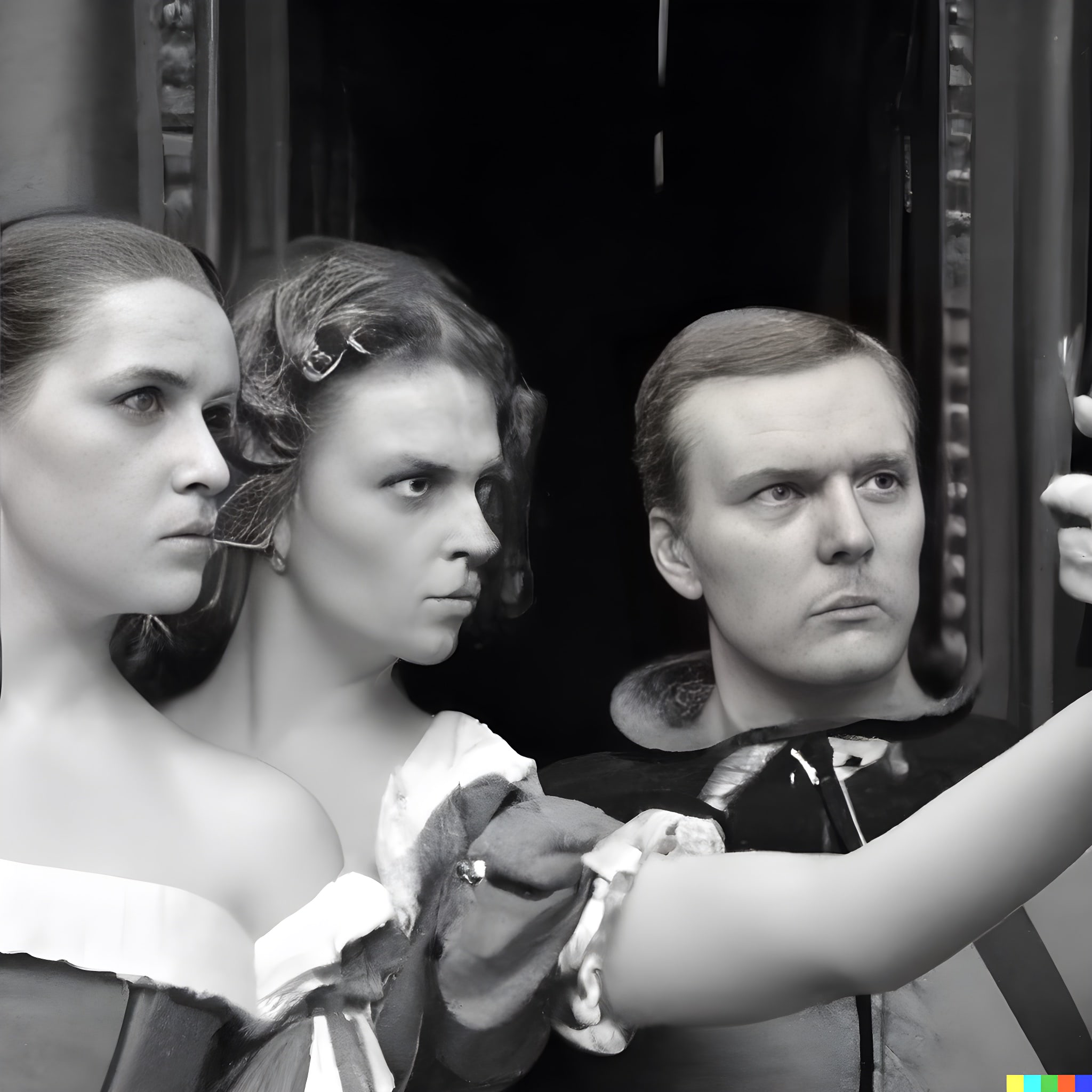 Black and white photo of three people appearing to take a selfie. Two women in period clothing and one man.