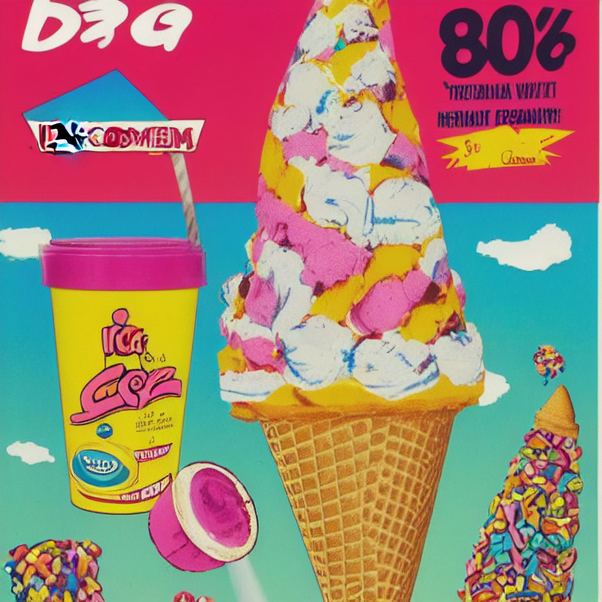 1980s ice cream ad with large ice cream cone and cup.