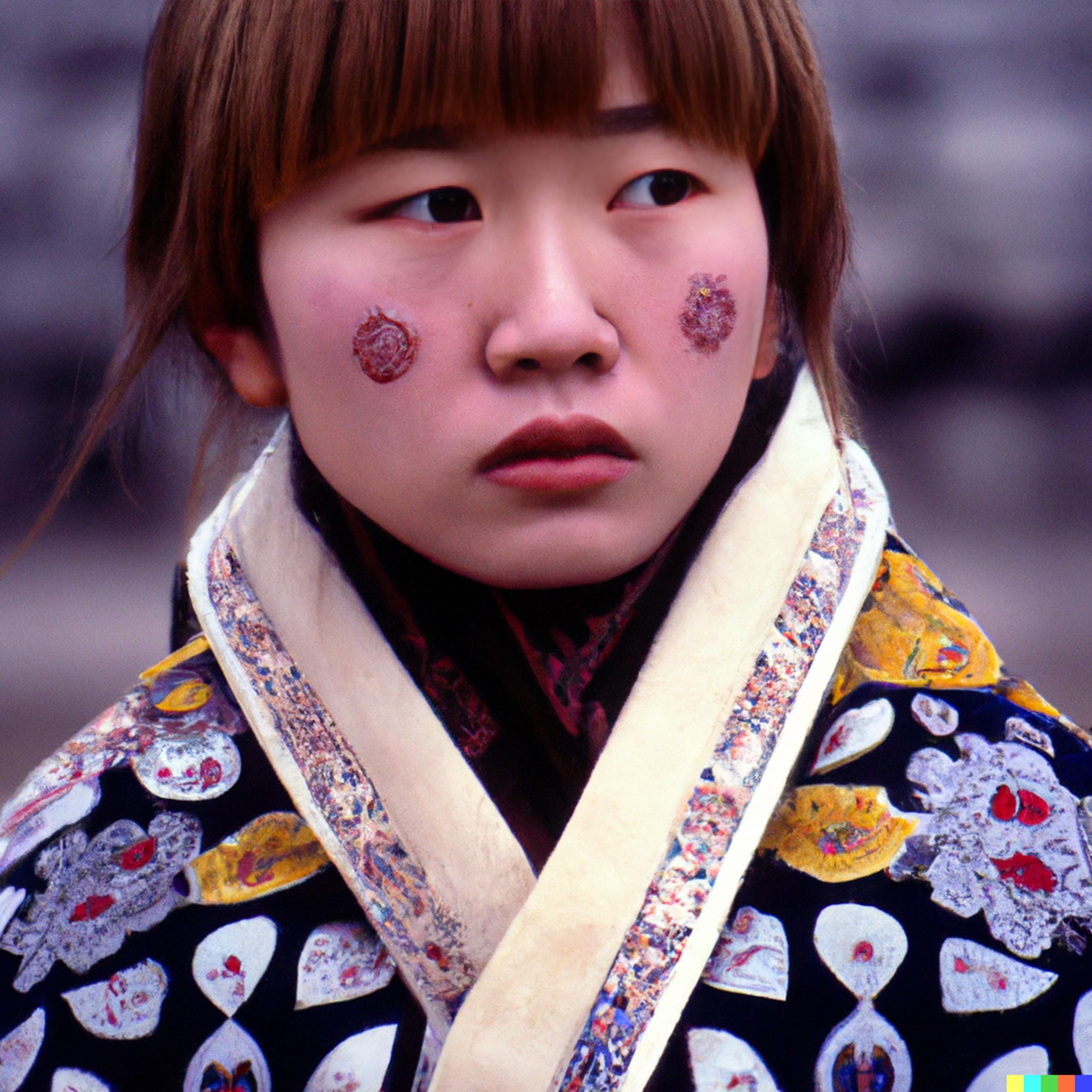 Young Indigenous person wearing colorful traditional winter clothes.