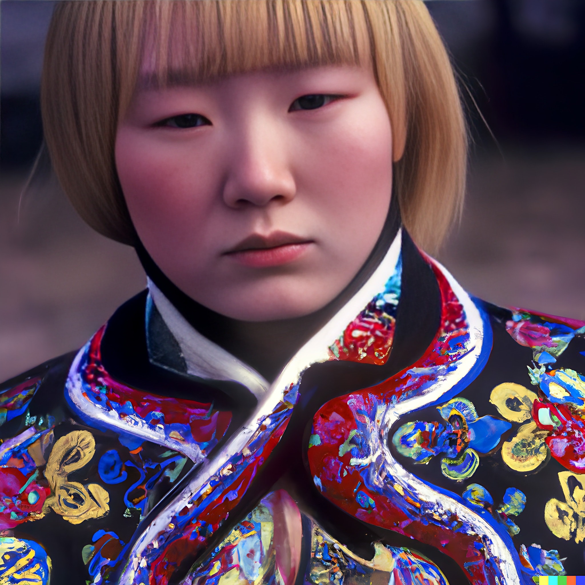 Close-up portrait of a young person with short blonde hair wearing a vibrant, colorful traditional winter coat.
