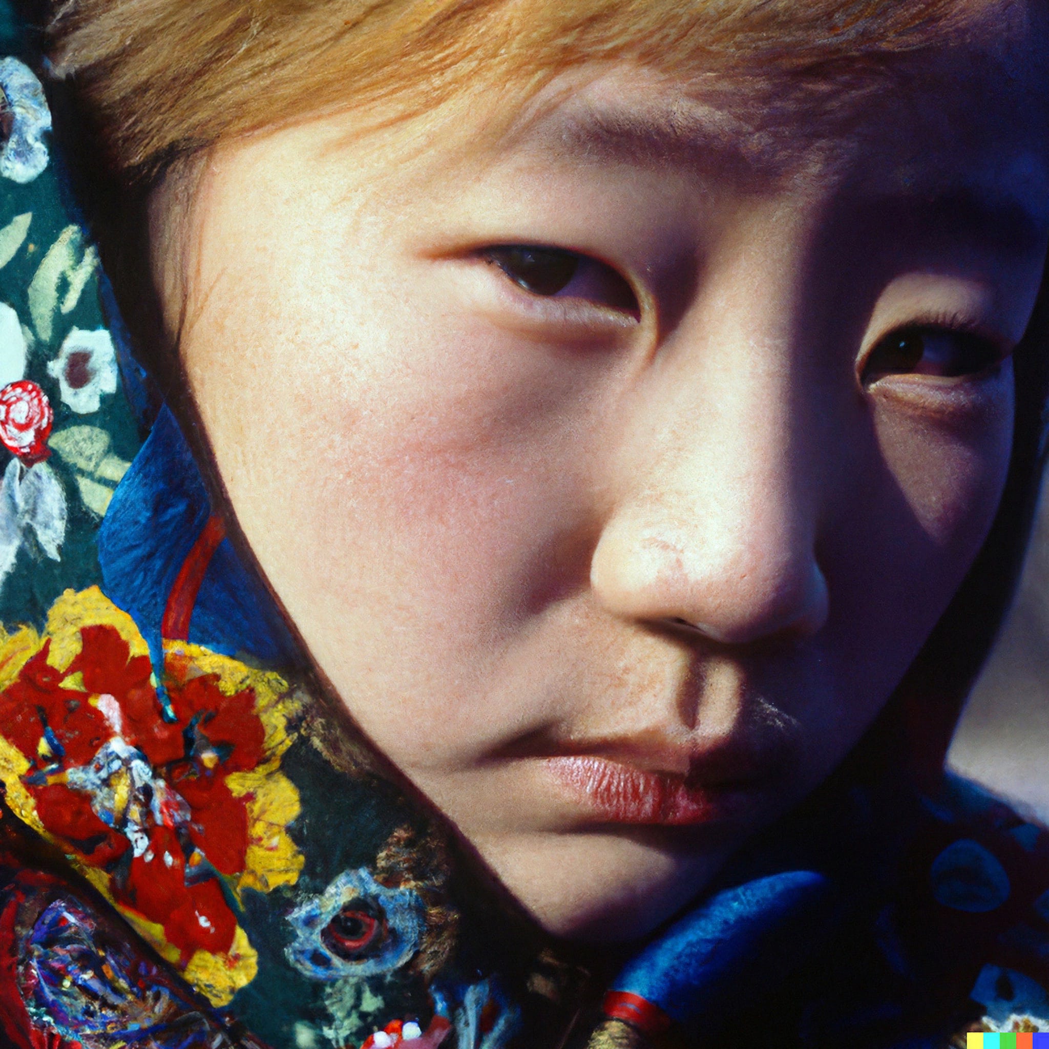 Close-up portrait of an Indigenous girl wearing a colorful floral scarf.