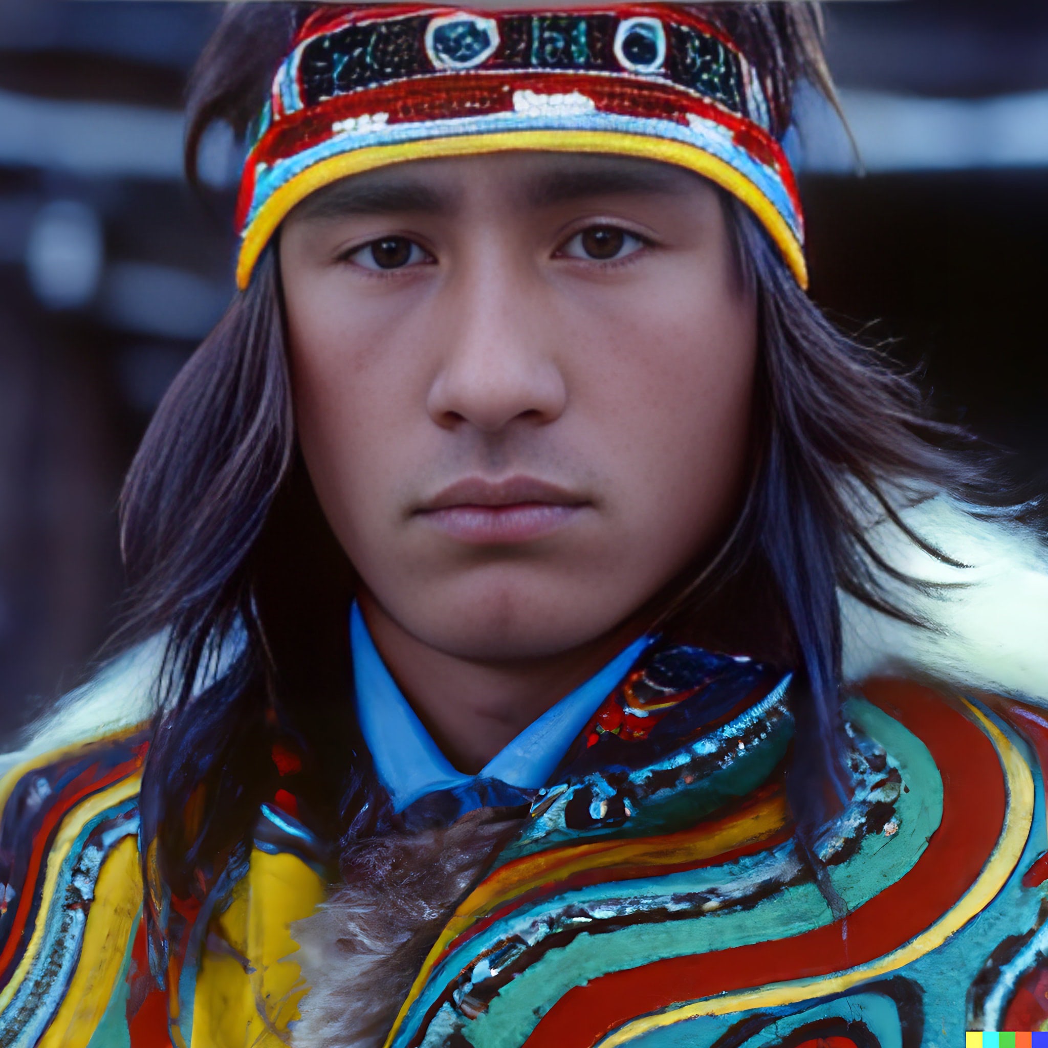 Close-up portrait of an Indigenous person wearing vibrant, traditional winter clothing.