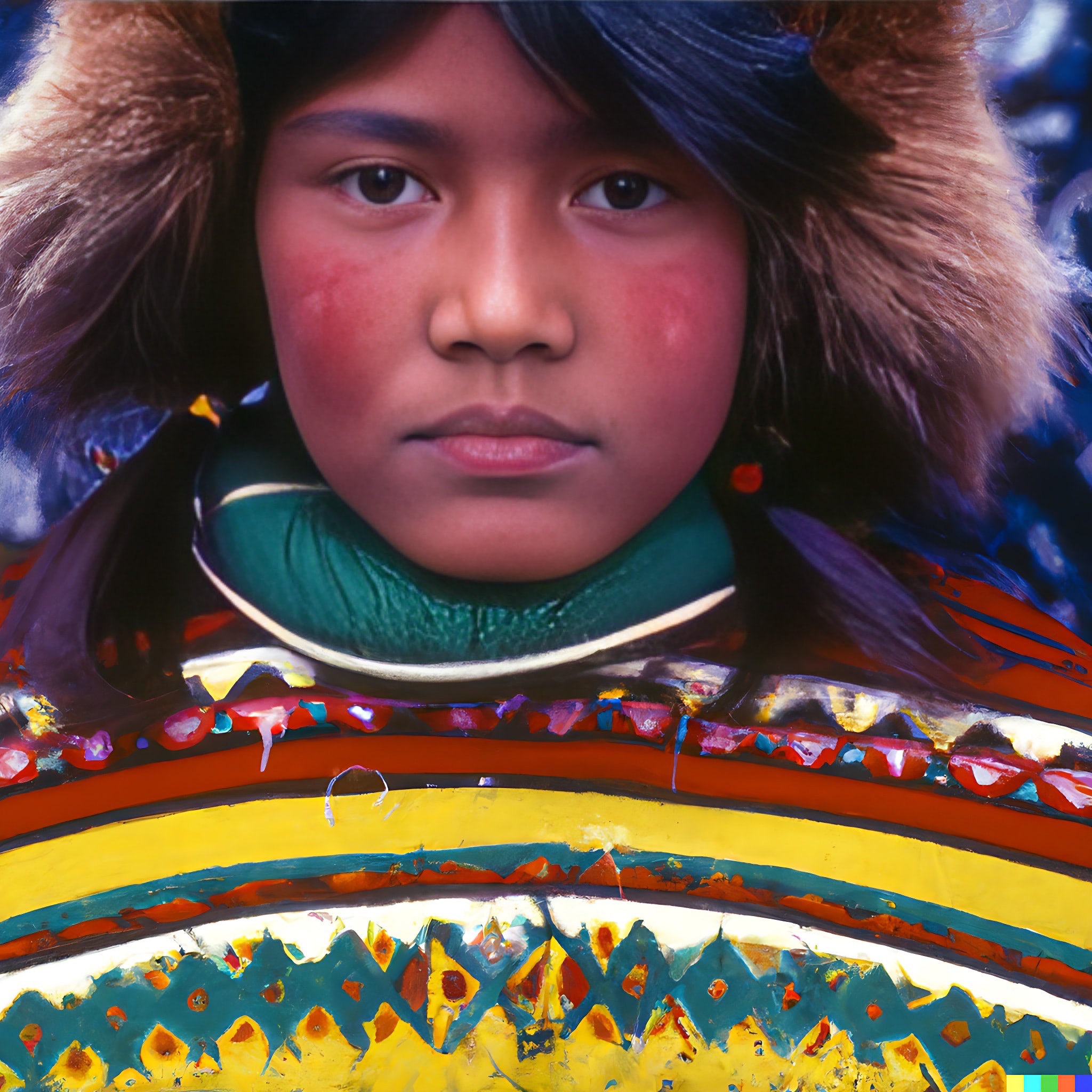 Close-up portrait of an Indigenous child wearing a colorful, traditional winter outfit.