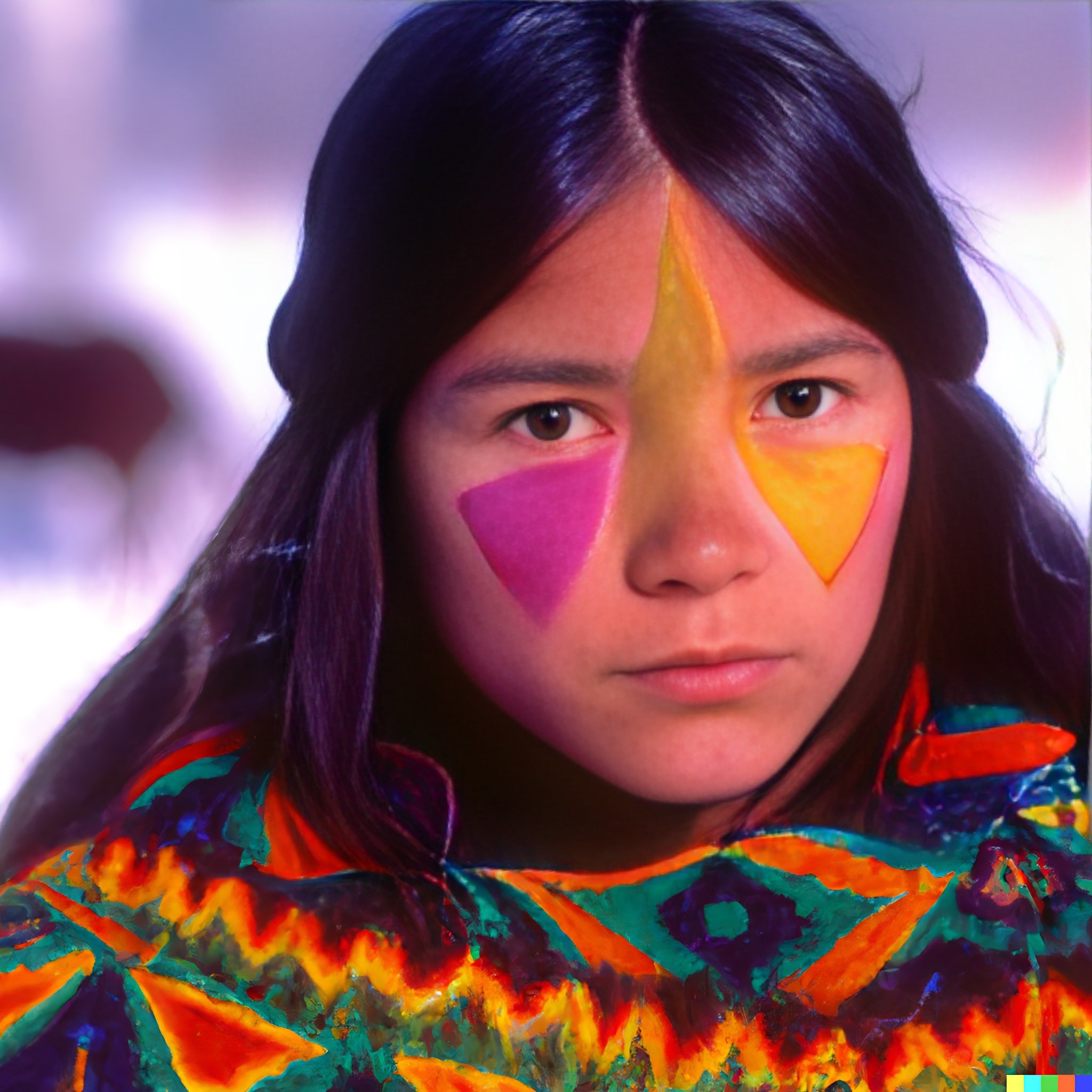 Close-up portrait of an Indigenous girl with dark hair and colorful face paint, wearing a vibrant, patterned garment.