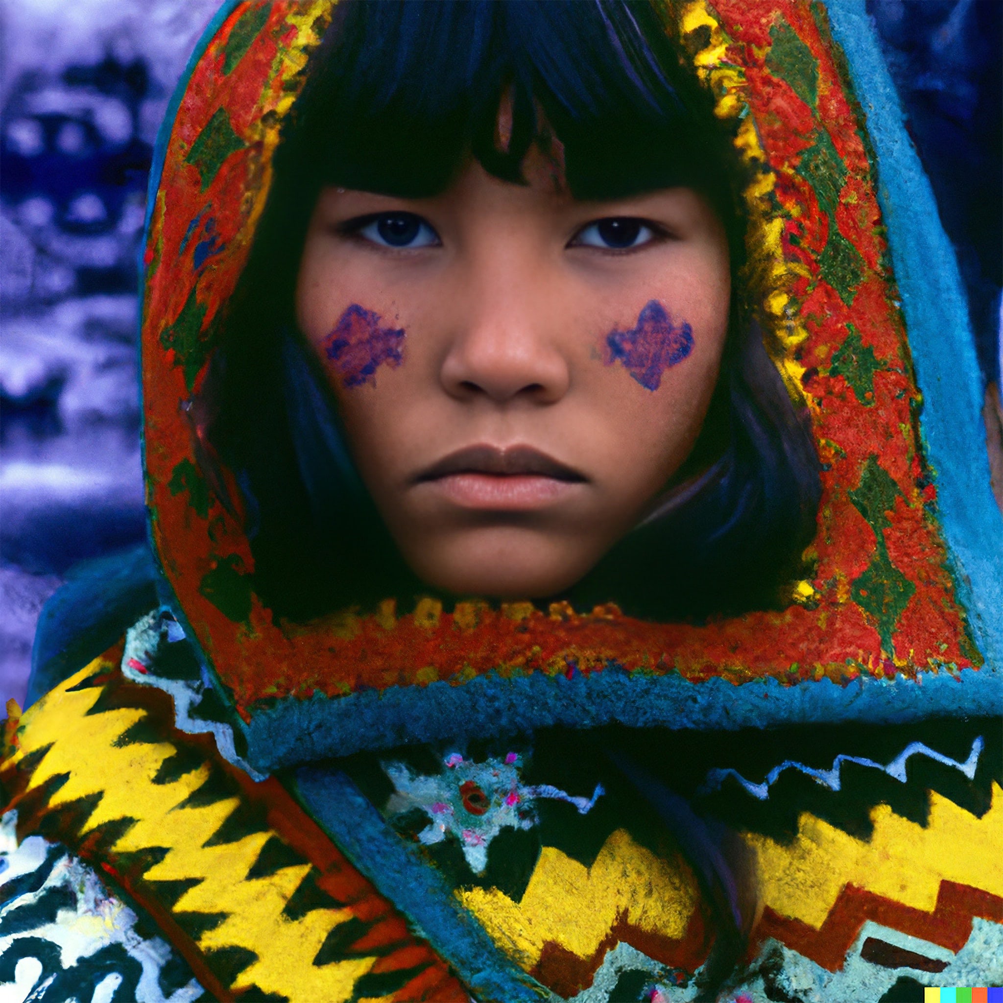 Close-up portrait of an Indigenous girl wearing a vibrant, colorful winter garment.