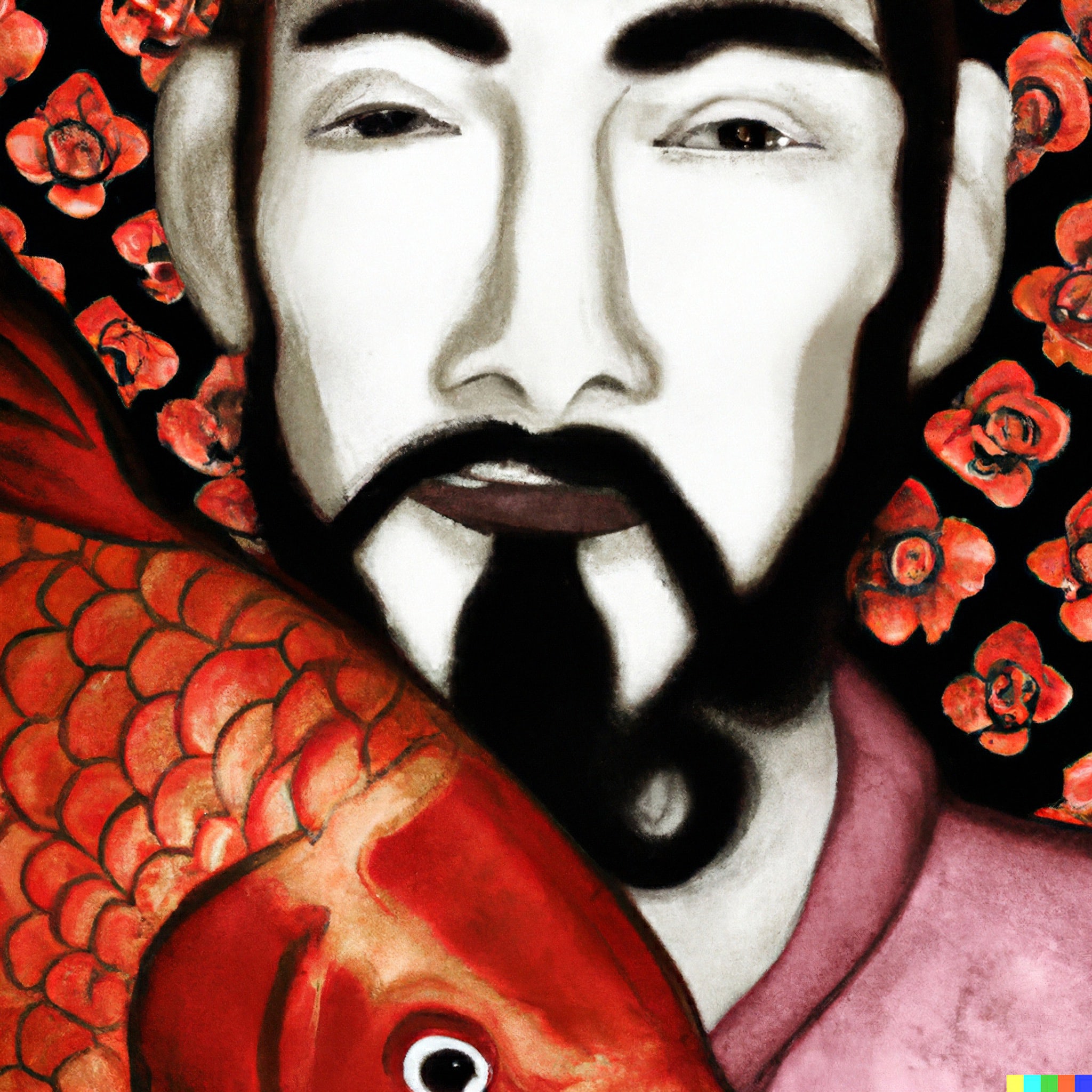 Close-up painting of a man's face styled as a Chinese emperor, with a large koi fish beside his face and red flowers in the background.