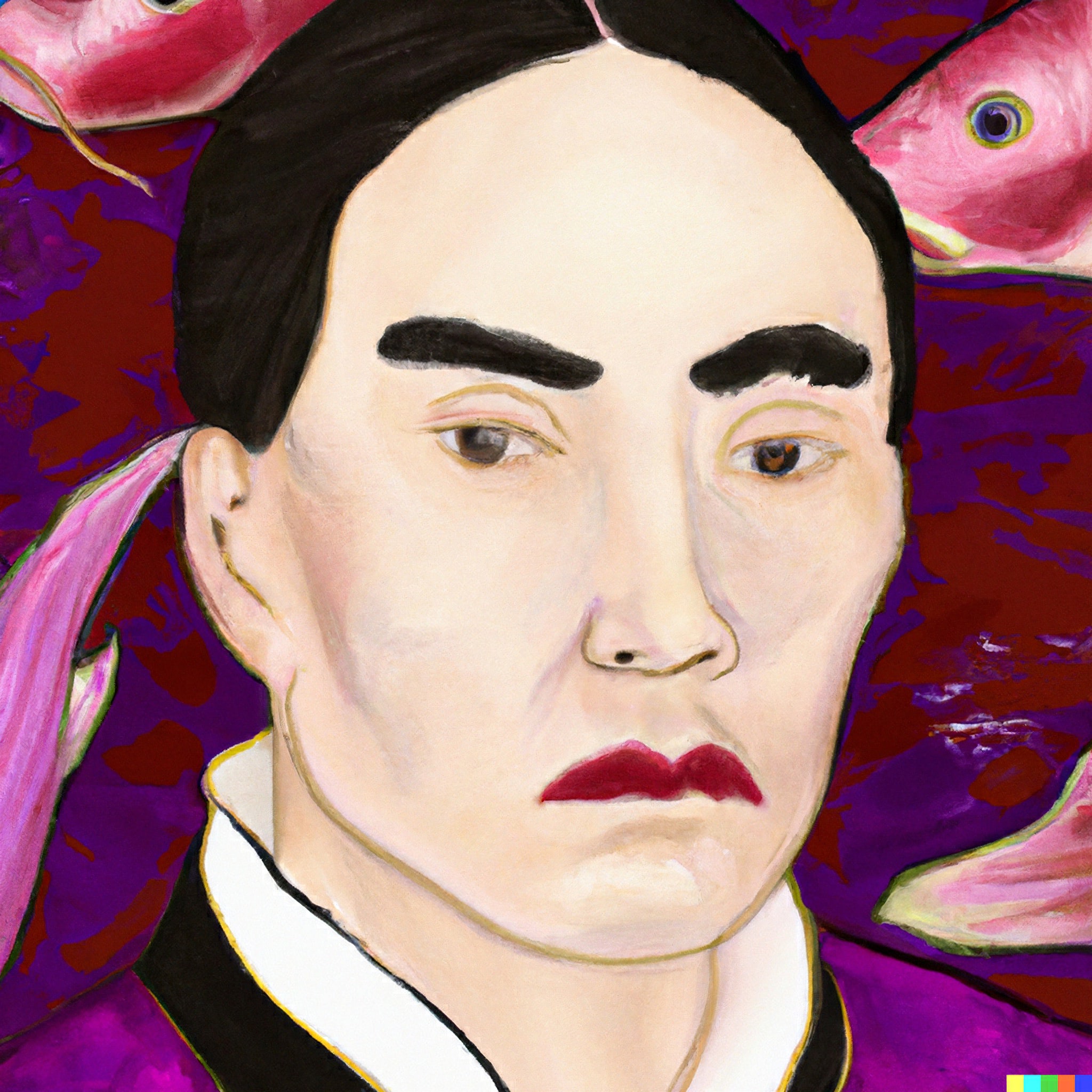 Painting of a person with dark hair styled up, wearing a purple robe, surrounded by pink fish.