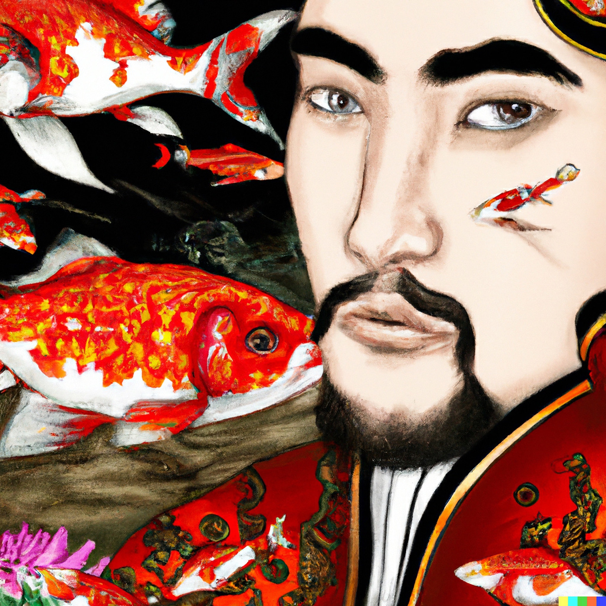 Portrait of a man in an ornate red and black robe, surrounded by koi fish.
