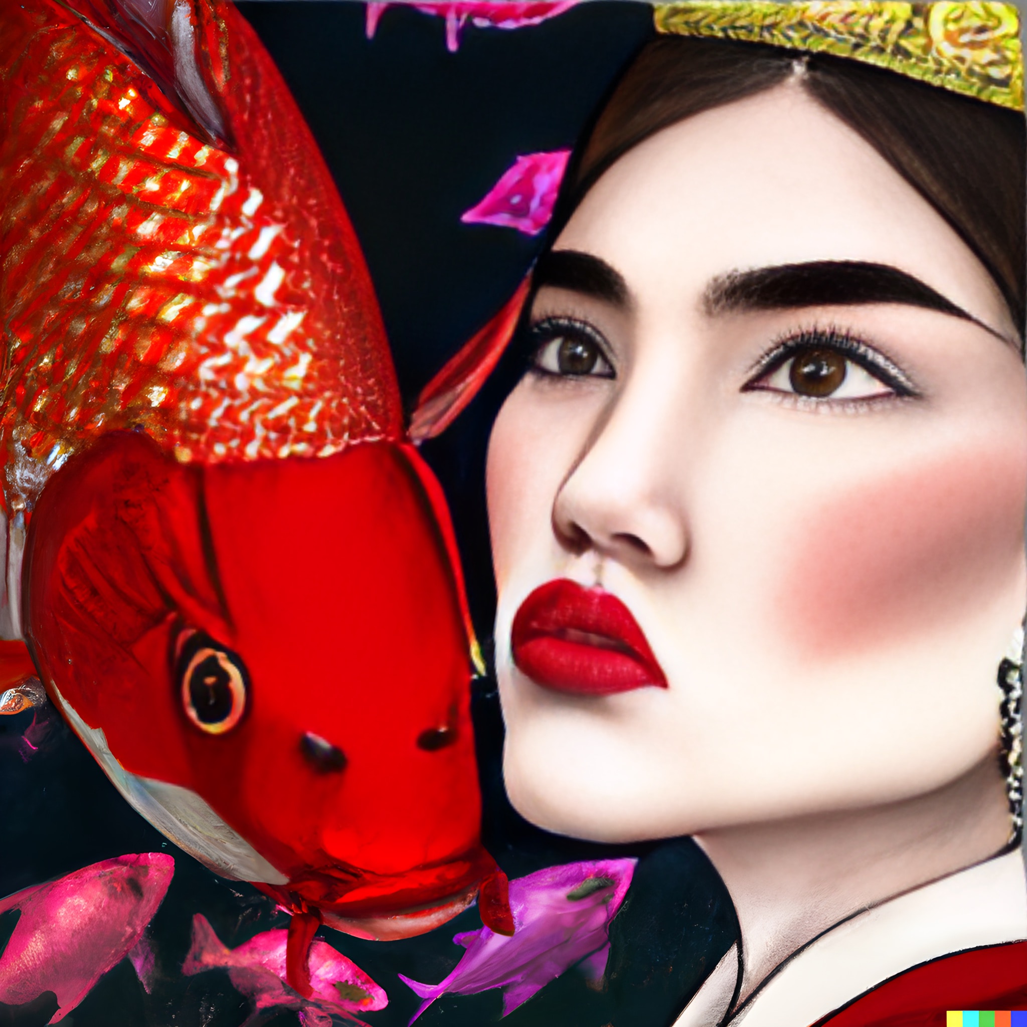Portrait of a woman styled as a Chinese empress, next to a large koi fish.