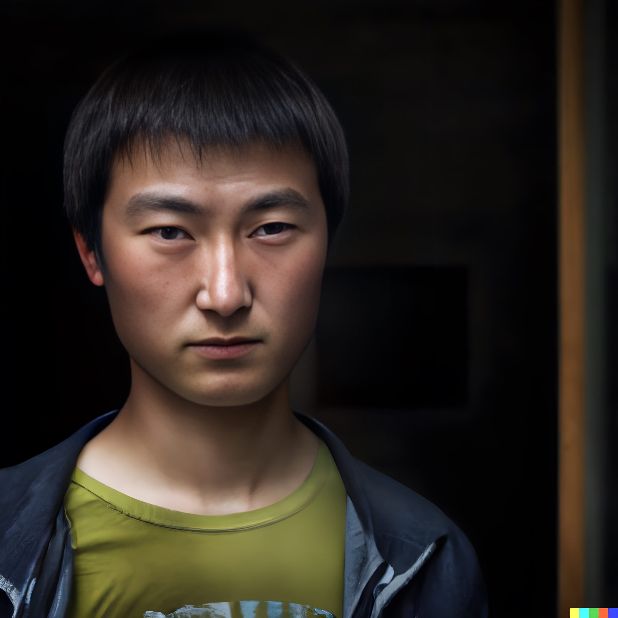 Close-up portrait of a young Asian man with serious expression.