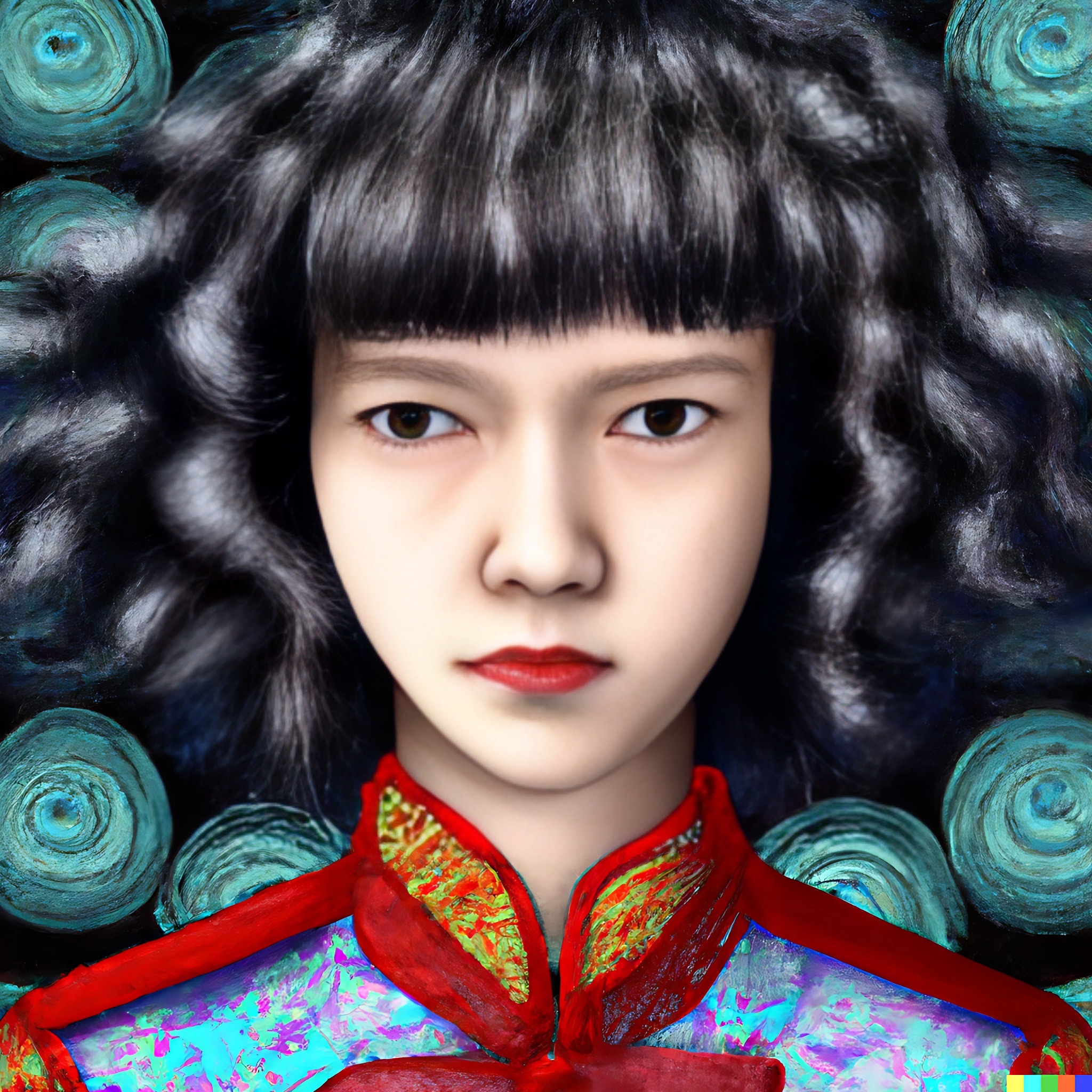 Portrait of a girl with dark hair wearing a traditional Chinese garment.