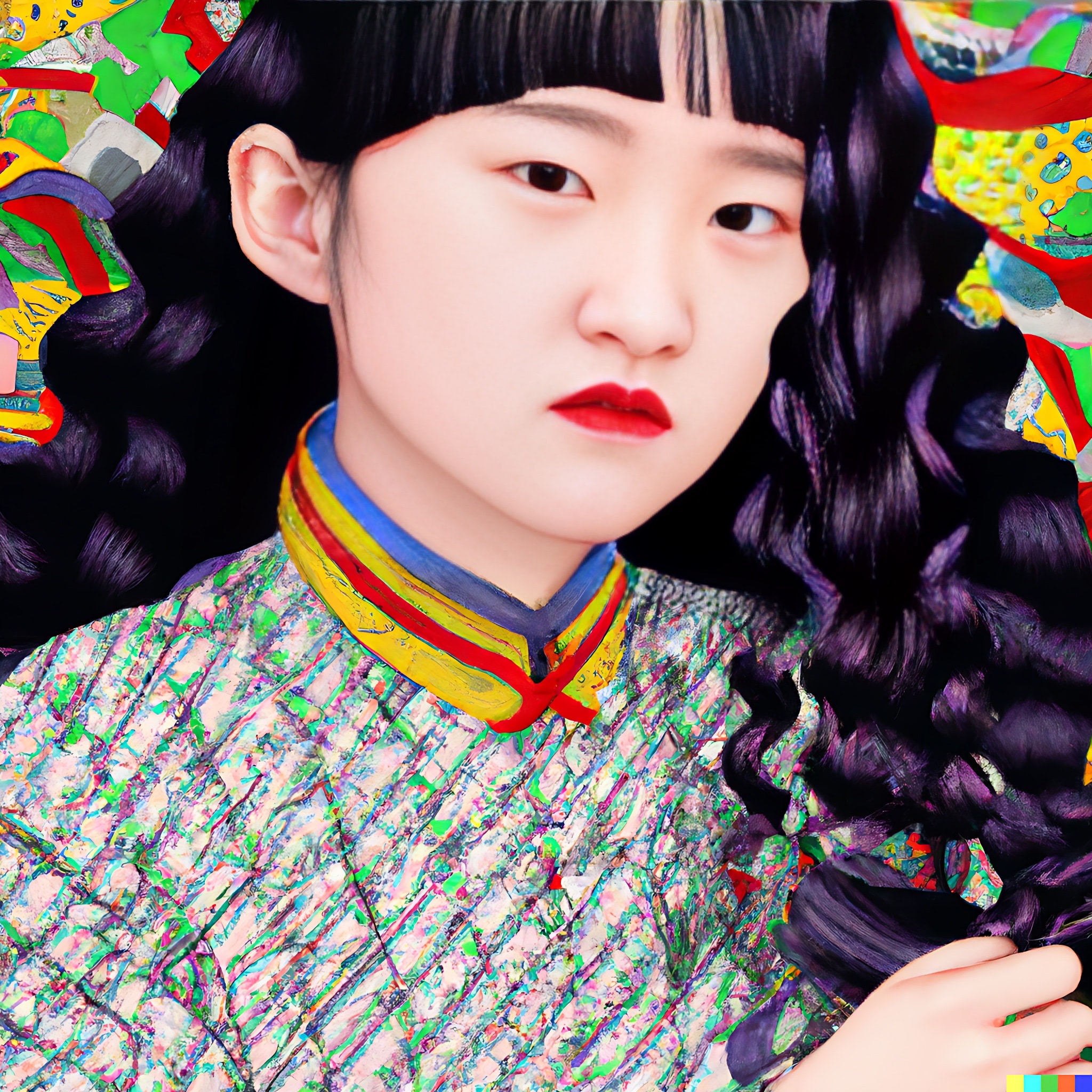 Portrait of a girl with long dark hair, wearing a colorful traditional Chinese-style garment.