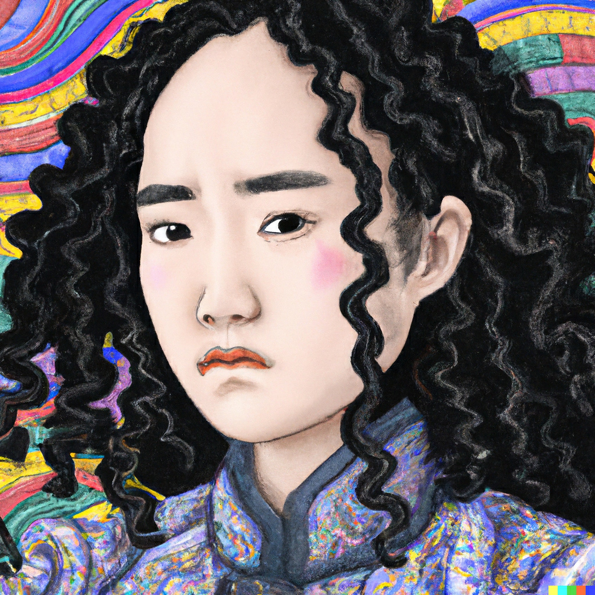 Portrait of a girl with curly black hair, wearing a colorful traditional Chinese-style garment.