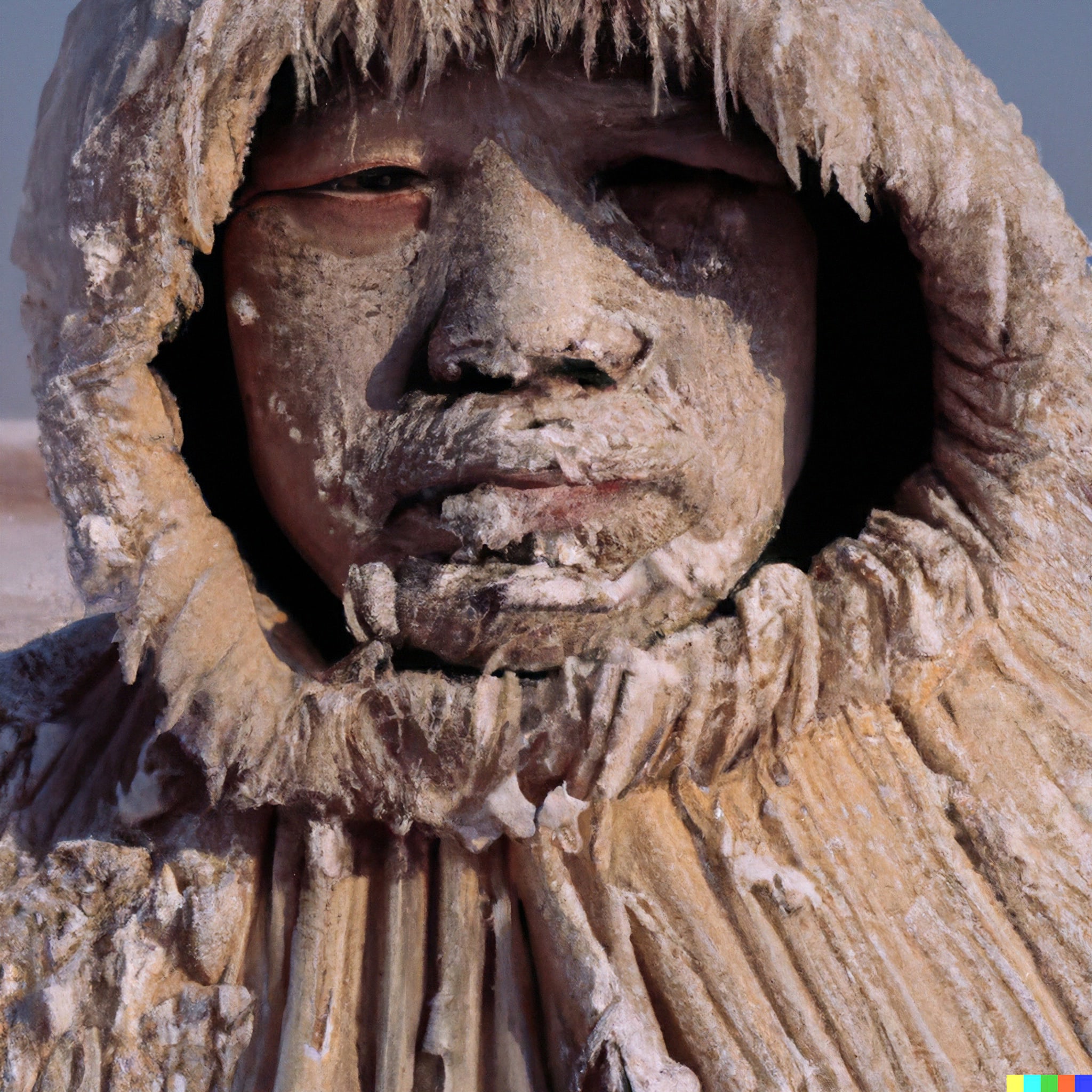 Close-up of an Inuit person's face, heavily covered in frost and wearing thick, snow-covered clothing.