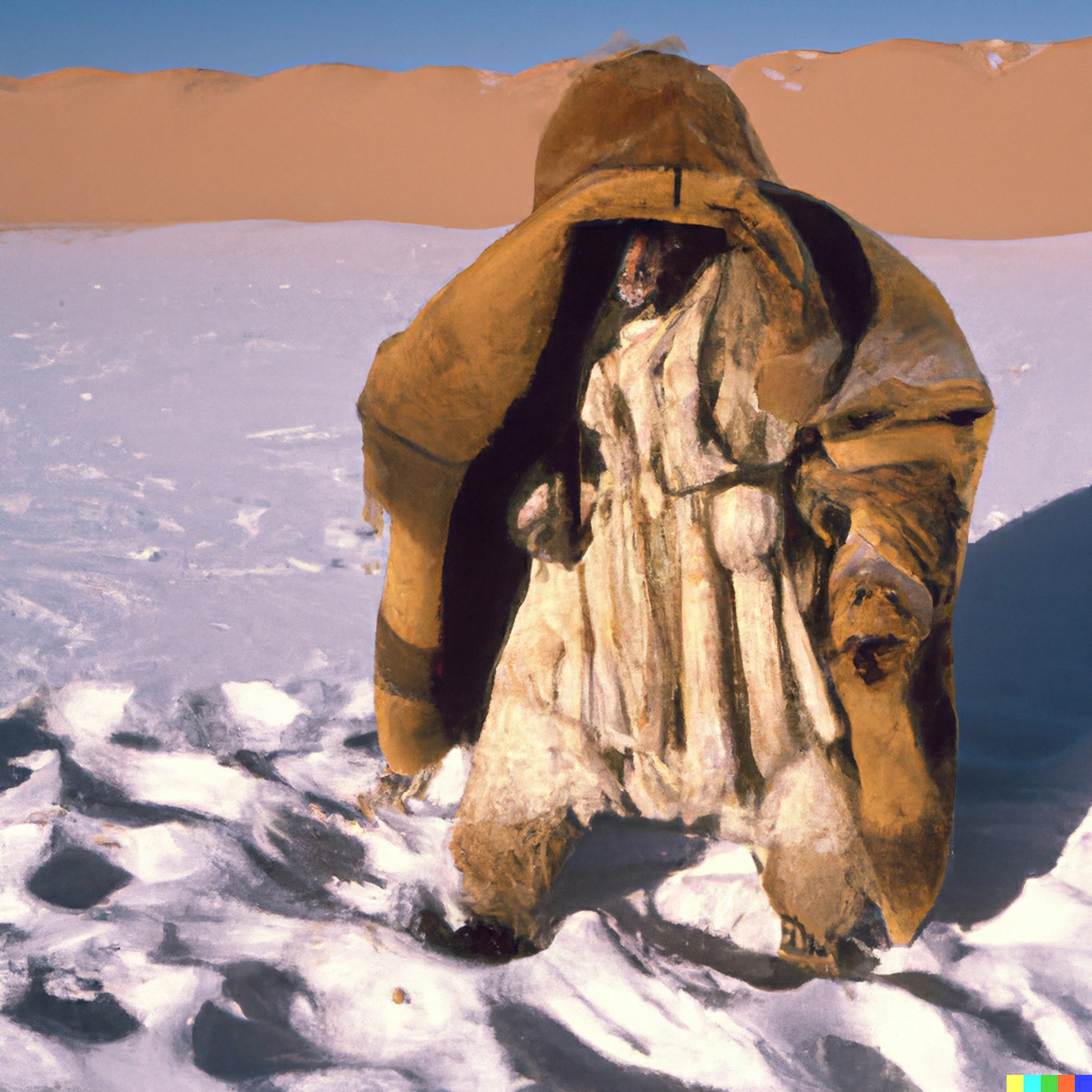 Person in heavy snow clothing walking in a snowy desert.