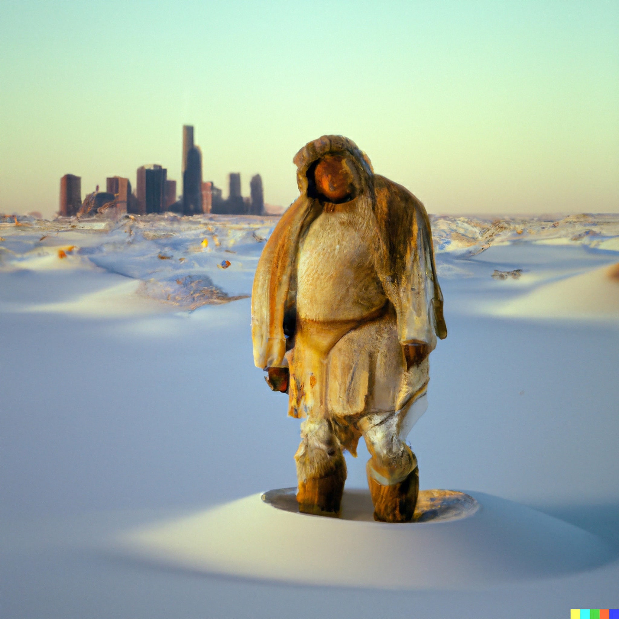 Inuit person in traditional snow clothes standing in snowy landscape with New York City skyline in the background.