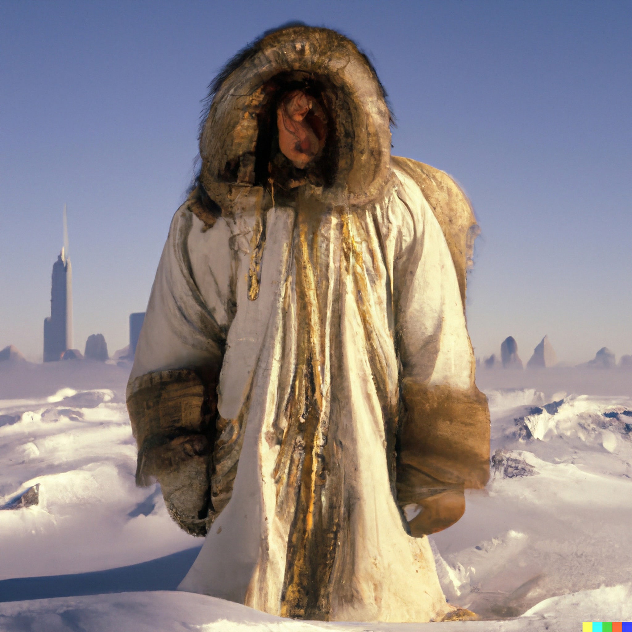 Inuit person in traditional snow clothing with New York City skyline in the background.