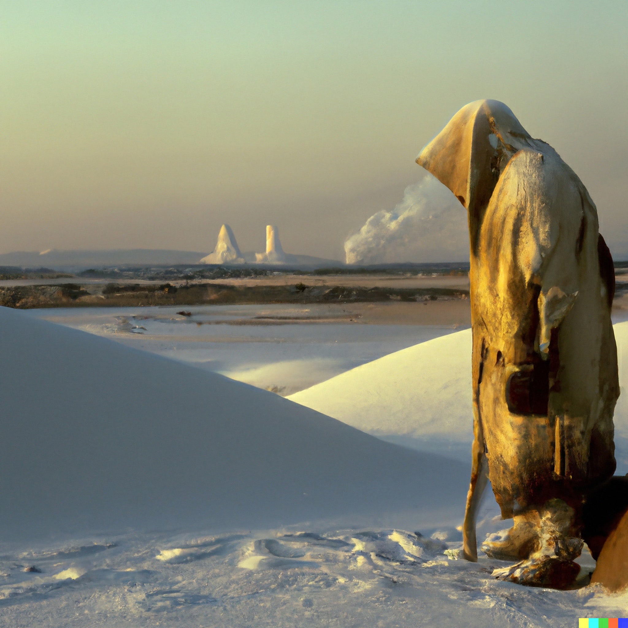 Inuit person in traditional snow clothes standing in snowy landscape with New York City skyline in the background.